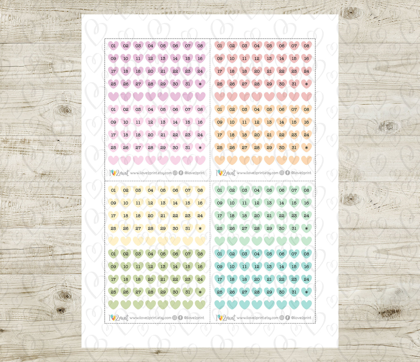 Day Hearts Pastel Colors – Printable Planner Stickers for Calendars & Journals – PDF + Cut Files – Instant Download