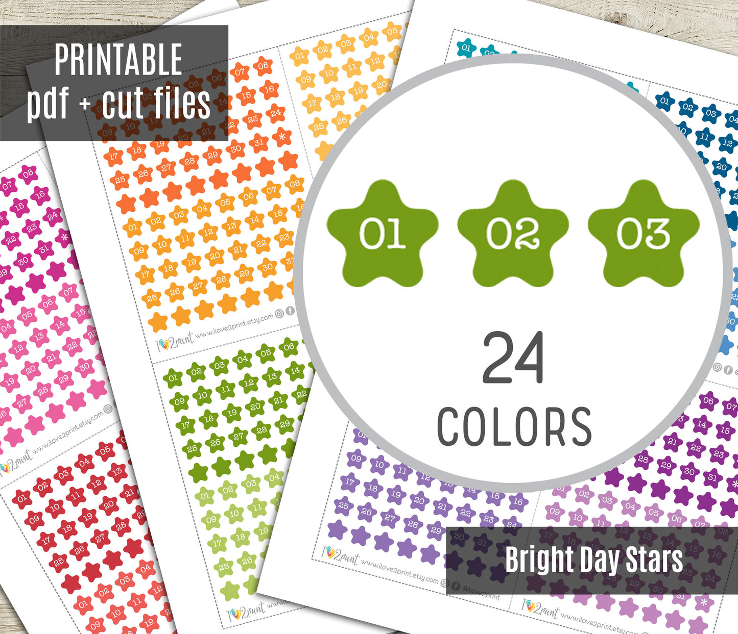 Day Stars Bold Colors – Printable Planner Stickers for Calendars & Journals – PDF + Cut Files – Instant Download