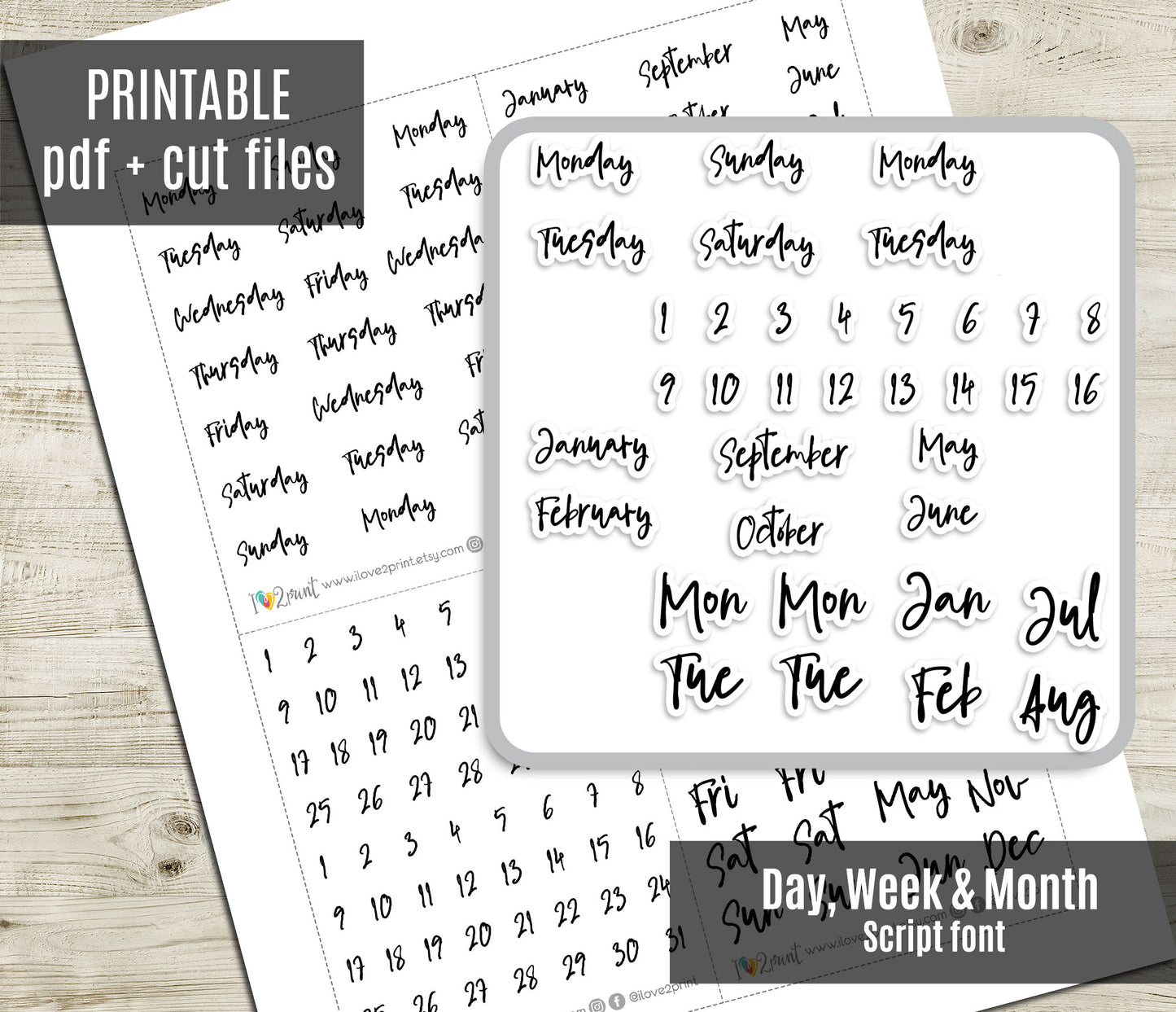 FREEBIE Day, Week & Month Script - Printable Planner Stickers - Pdf & Cut Files