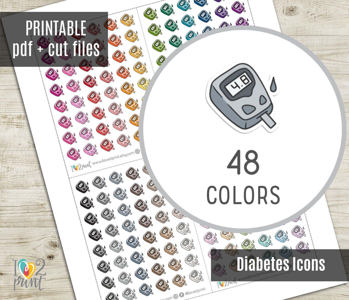Diabetes Icon Stickers - Functional Printable Stickers - PDF & Cut Files