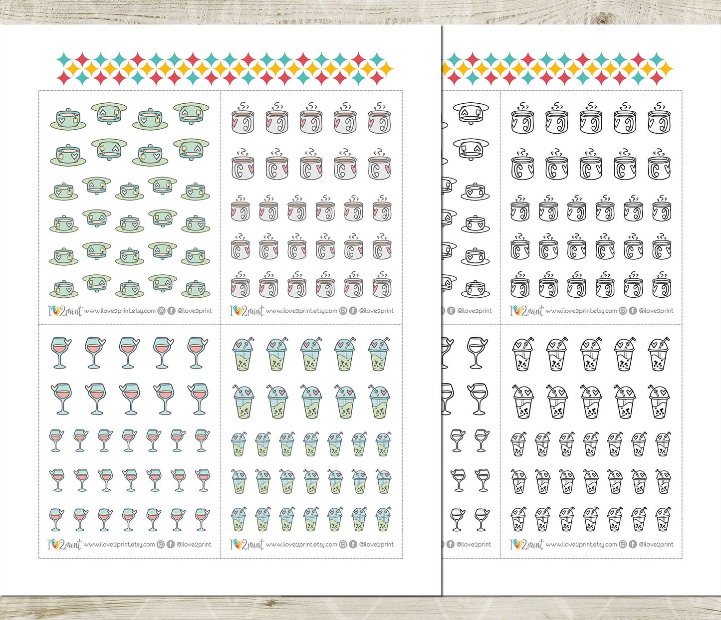 Beverage Icons Stickers – Printable (coffee, tea, smoothie and wine) - PDF & Cut Files