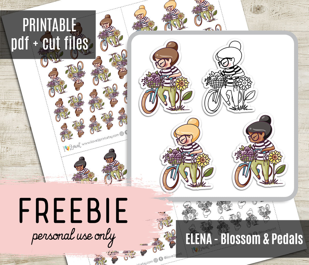 FREEBIE Elena Blossom and Pedal - Printable Planner Stickers - Pdf & Cut Files