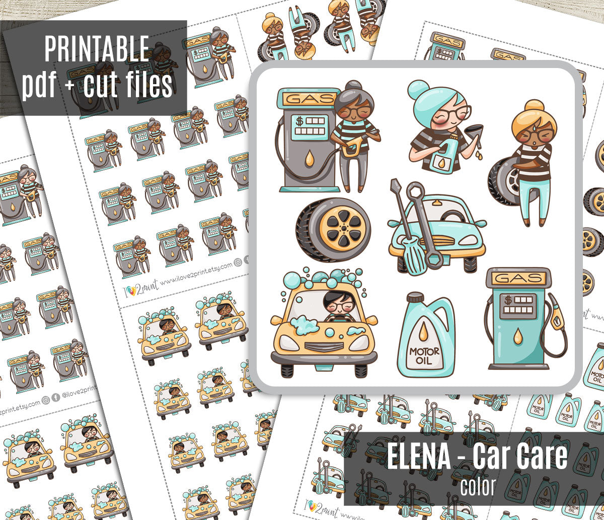 Elena Car Care – COLOR (2 Skin Tones) Printable Planner Stickers – PDF + Cut Files