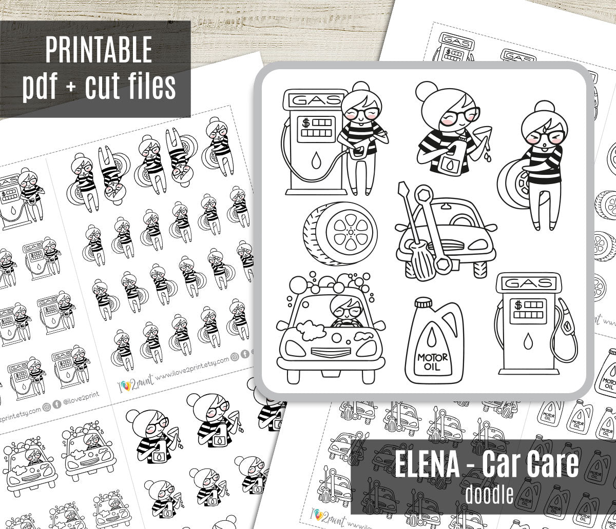 Elena Car Care – DOODLE Printable Planner Stickers – PDF + Cut Files
