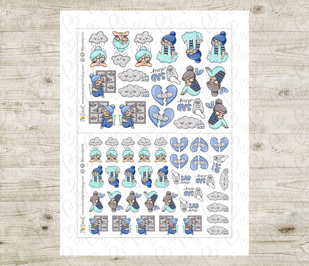 Elena Sad Day - COLOR Printable Planner Sticker - PDF & Cut Files