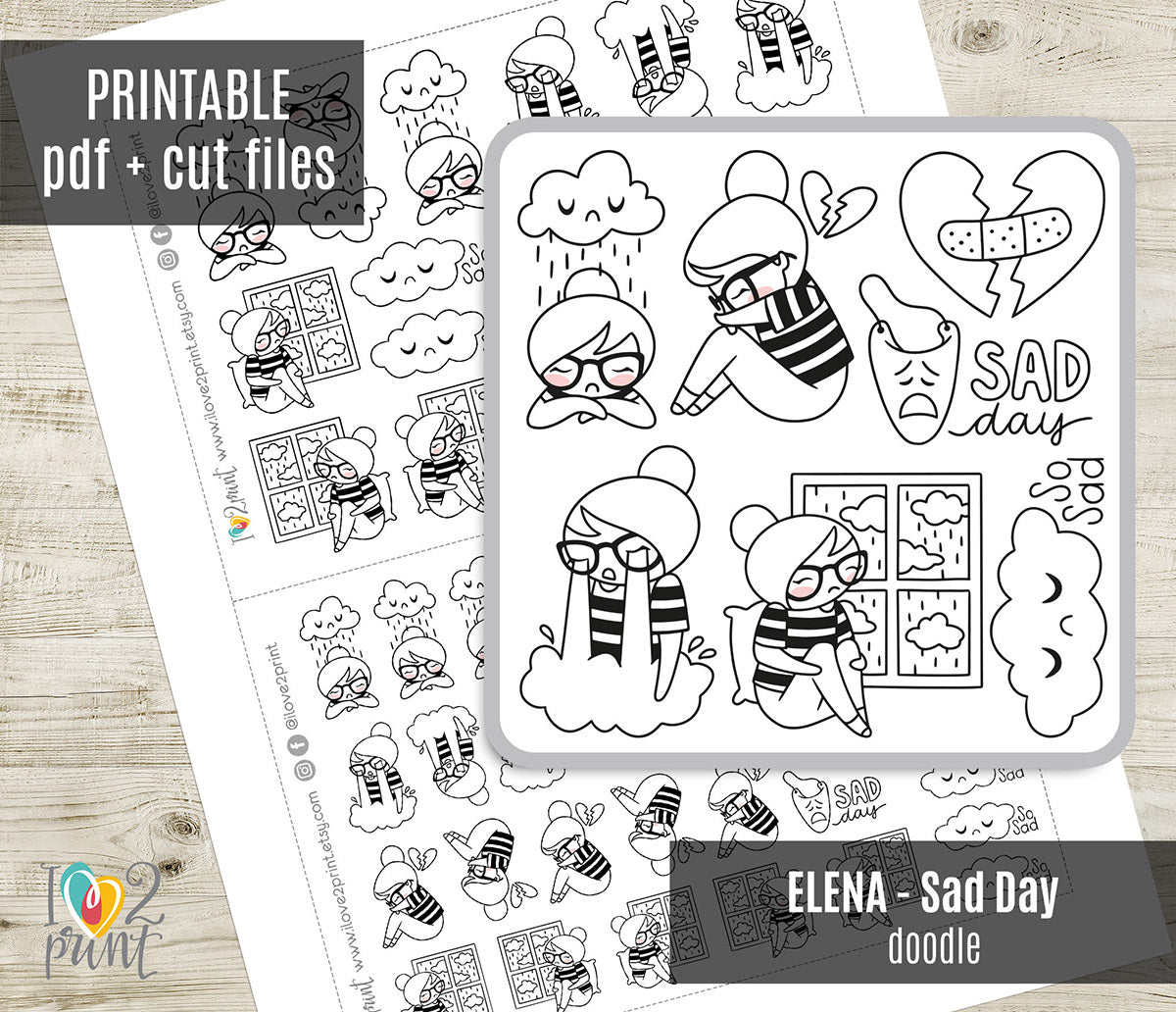 Elena Dia Triste - Adesivo para planejador DOODLE para impressão - PDF e arquivos recortados