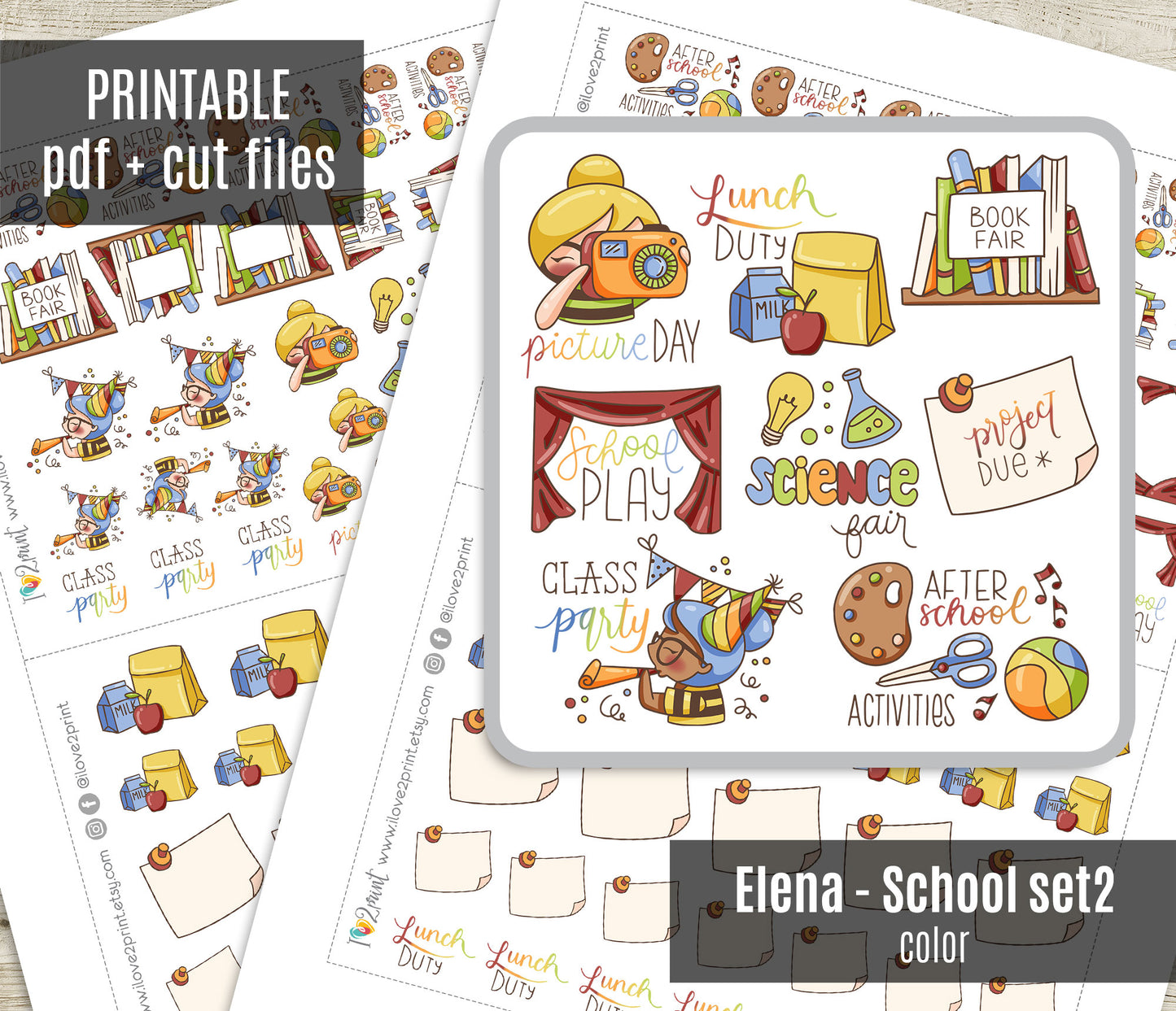 Elena School Set 2 – COLOR Printable Planner Stickers – Picture Day, Book Fair, Project Due & More – PDF + Cut Files