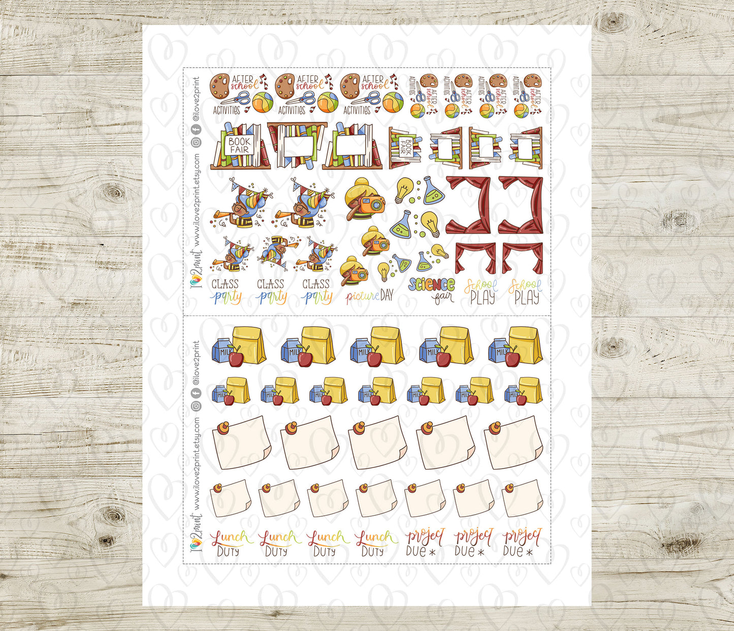 Elena School Set 2 – COLOR Printable Planner Stickers – Picture Day, Book Fair, Project Due & More – PDF + Cut Files