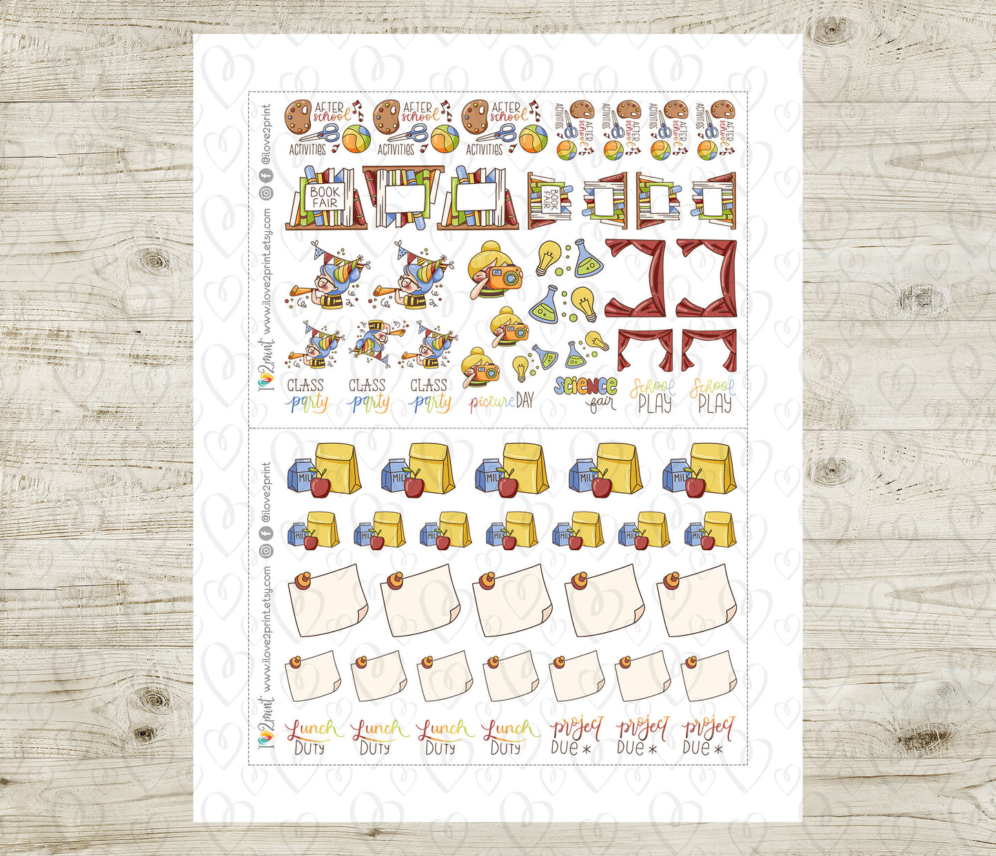 Elena School Set 2 – COLOR Printable Planner Stickers – Picture Day, Book Fair, Project Due & More – PDF + Cut Files