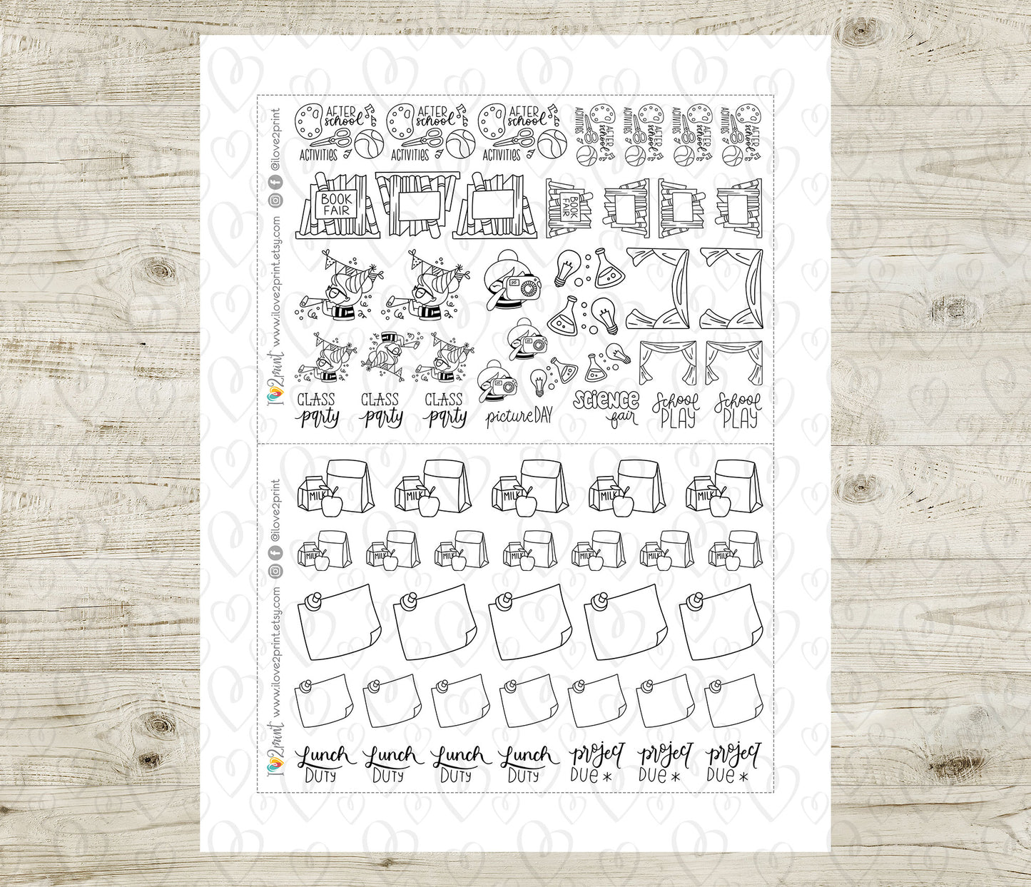 Elena School Set 2 – DOODLE Printable Planner Stickers – Picture Day, Book Fair, Project Due & More – PDF + Cut Files