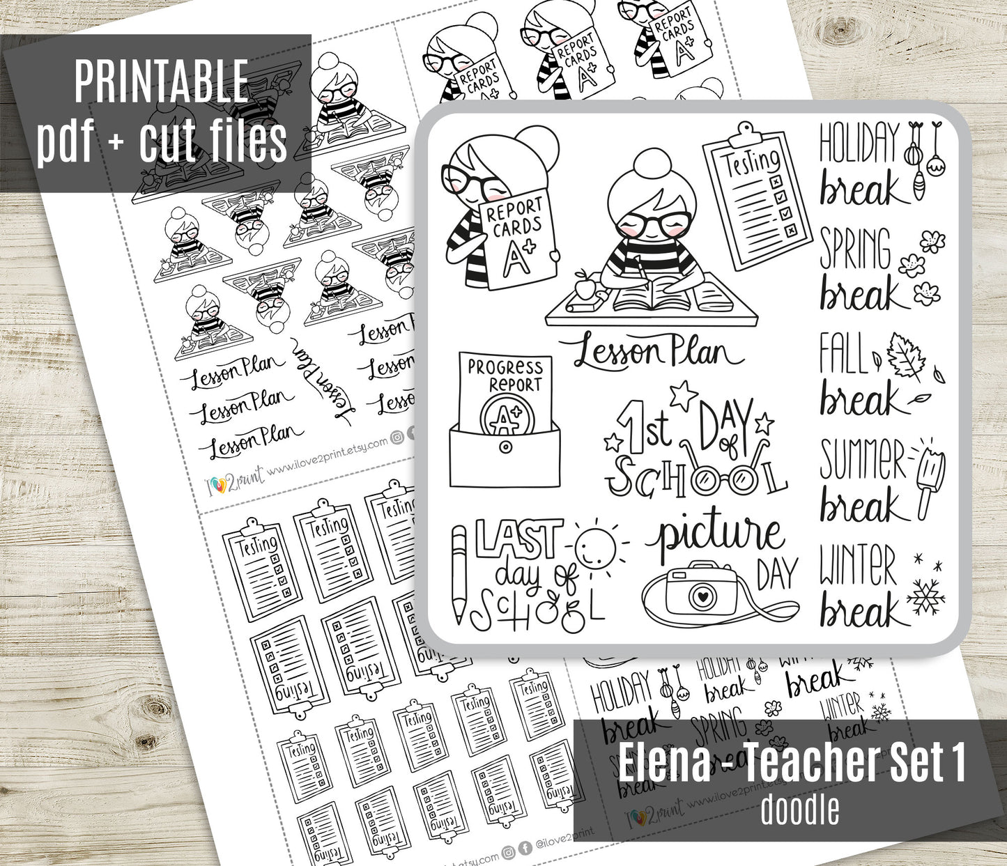 Elena Teachers Set 1 – DOODLE Printable Planner Stickers – School Life Events – PDF + Cut Files