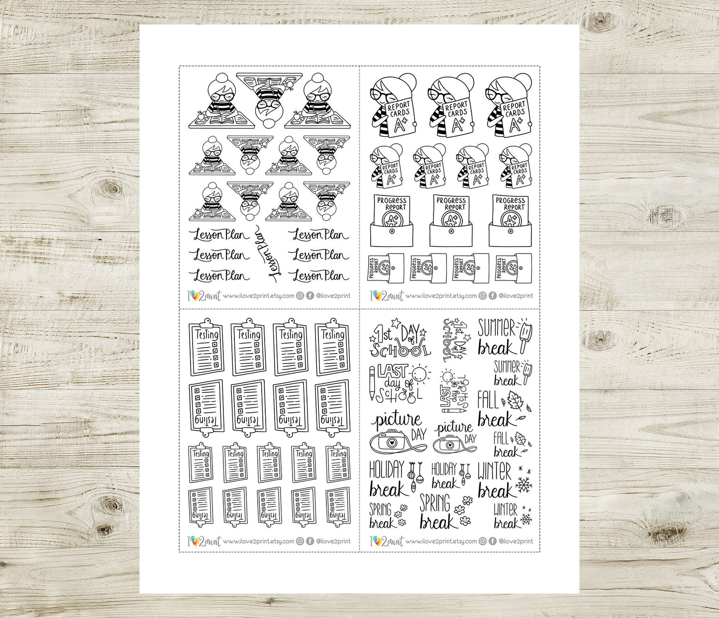 Elena Teachers Set 1 – DOODLE Printable Planner Stickers – School Life Events – PDF + Cut Files