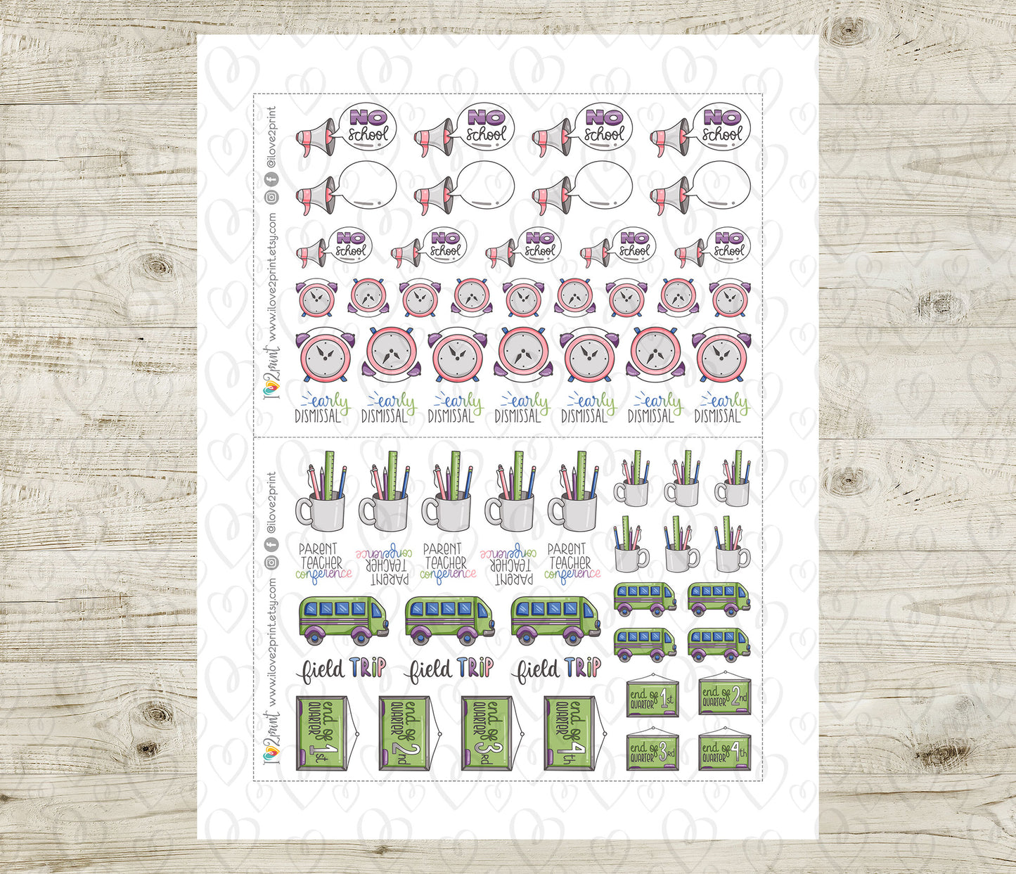 Elena Teachers Set 2 – COLOR Printable Planner Stickers – Staff Meeting, Sick Day, Field Trip, Grades Due – PDF + Cut Files