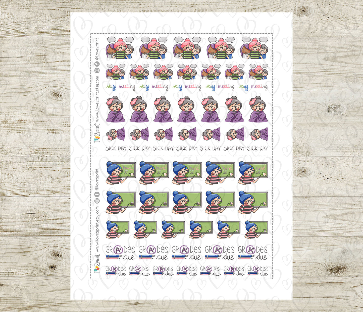 Elena Teachers Set 2 – COLOR Printable Planner Stickers – Staff Meeting, Sick Day, Field Trip, Grades Due – PDF + Cut Files