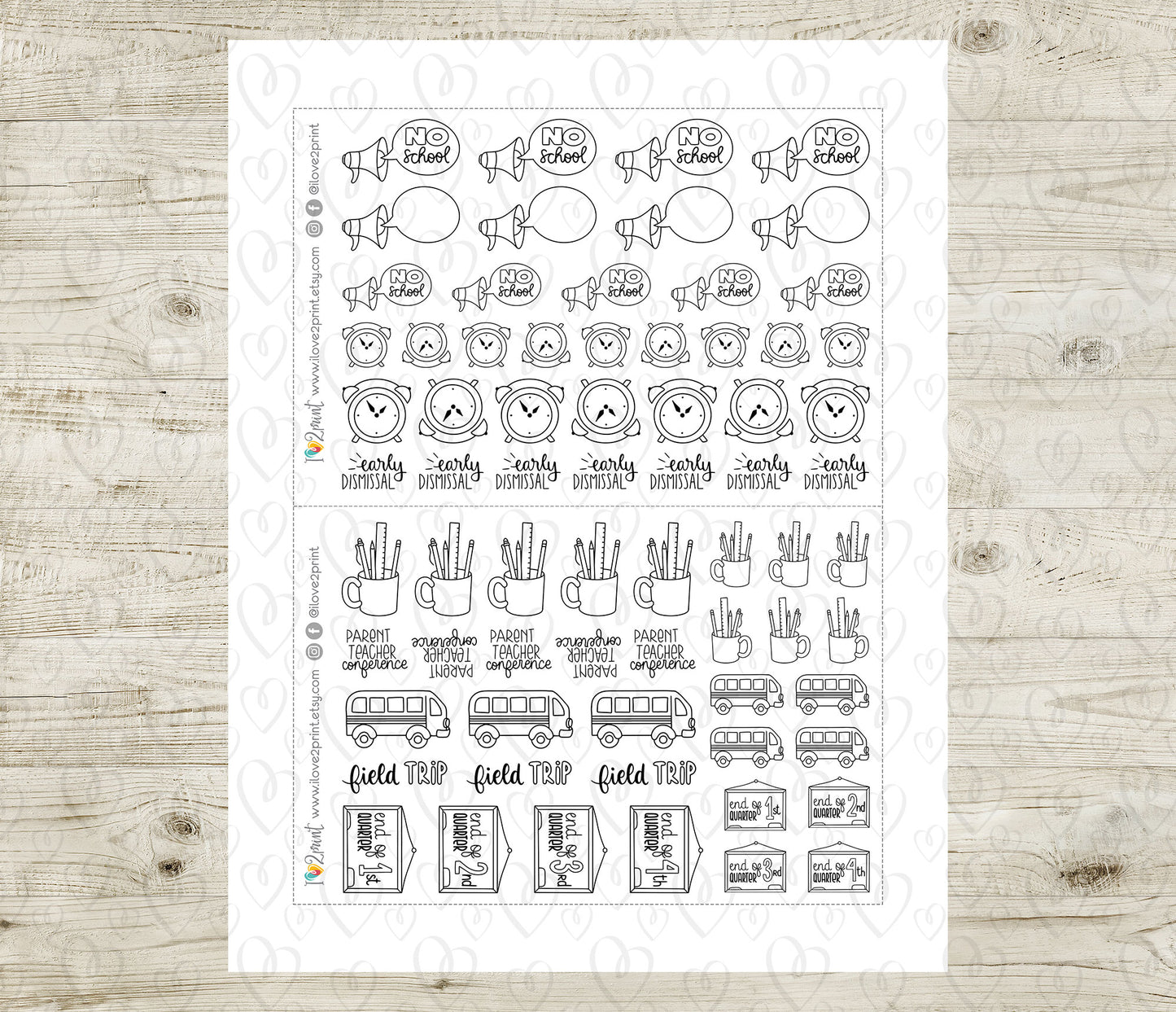 Elena Teachers Set 2 – DOODLE Printable Planner Stickers – Staff Meeting, Sick Day, Field Trip, Grades Due – PDF + Cut Files