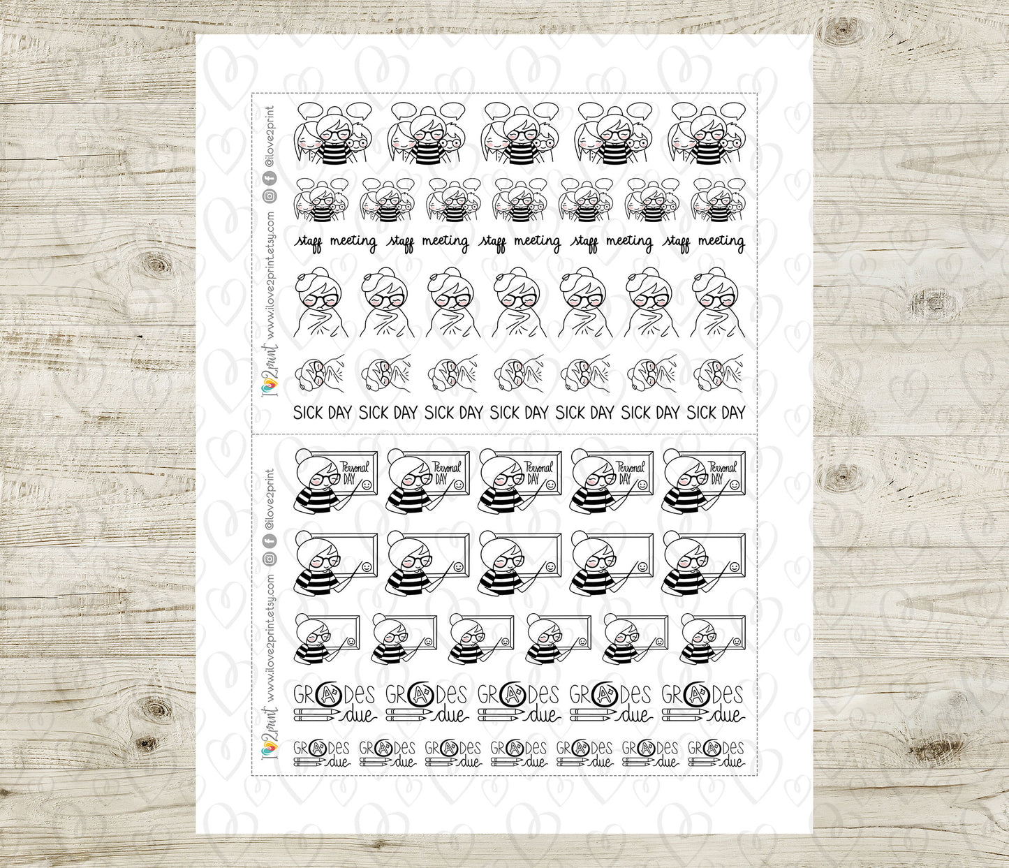 Elena Teachers Set 2 – DOODLE Printable Planner Stickers – Staff Meeting, Sick Day, Field Trip, Grades Due – PDF + Cut Files