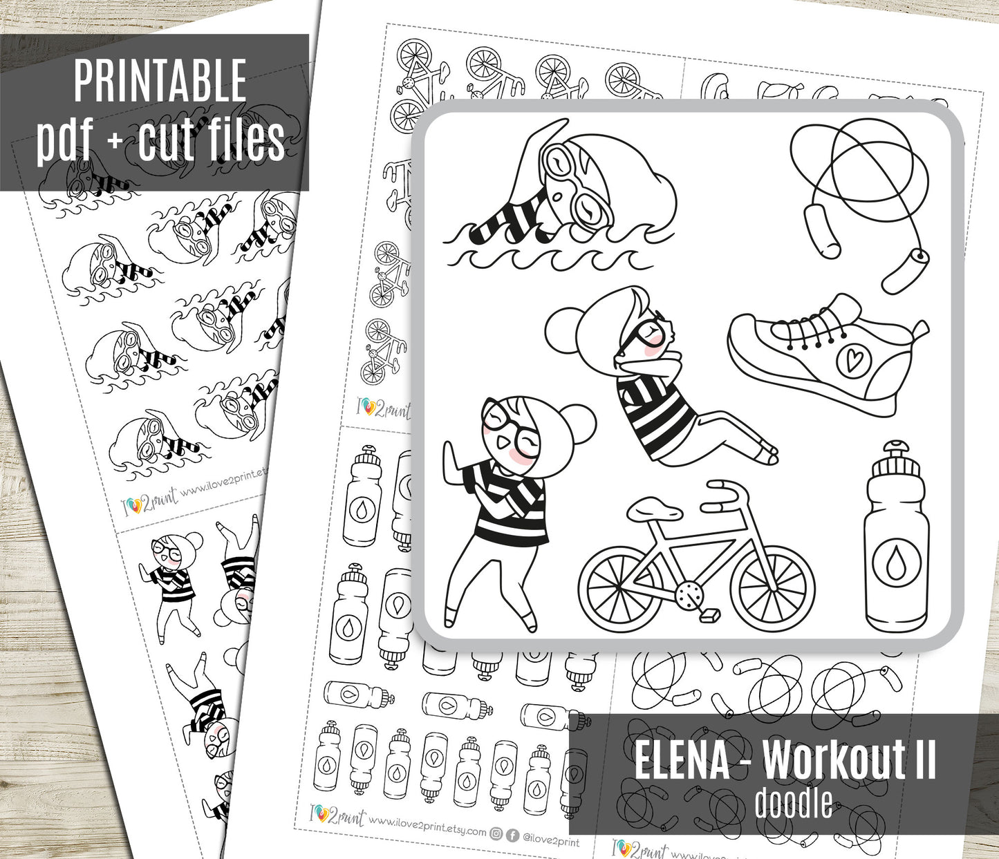 Elena Workout Set 2 – DOODLE Printable Planner Stickers – Swimming, Dance, Sit-Ups & Gear – PDF + Cut Files