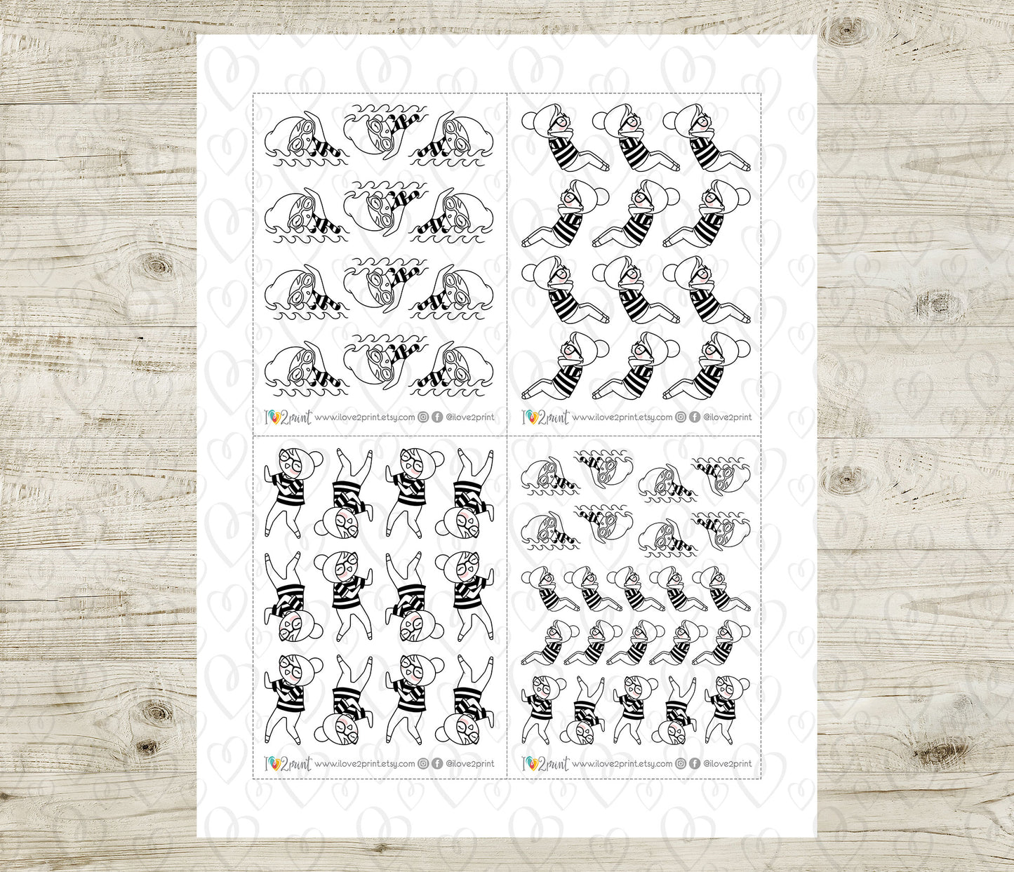 Elena Workout Set 2 – DOODLE Printable Planner Stickers – Swimming, Dance, Sit-Ups & Gear – PDF + Cut Files