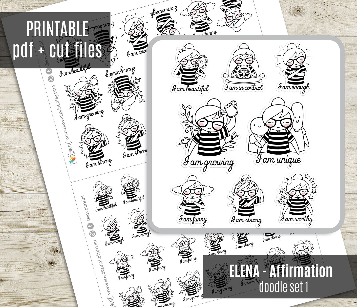 Elena Daily Affirmation Set1 - DOODLE Printable Planner Sticker - PDF & Cut Files