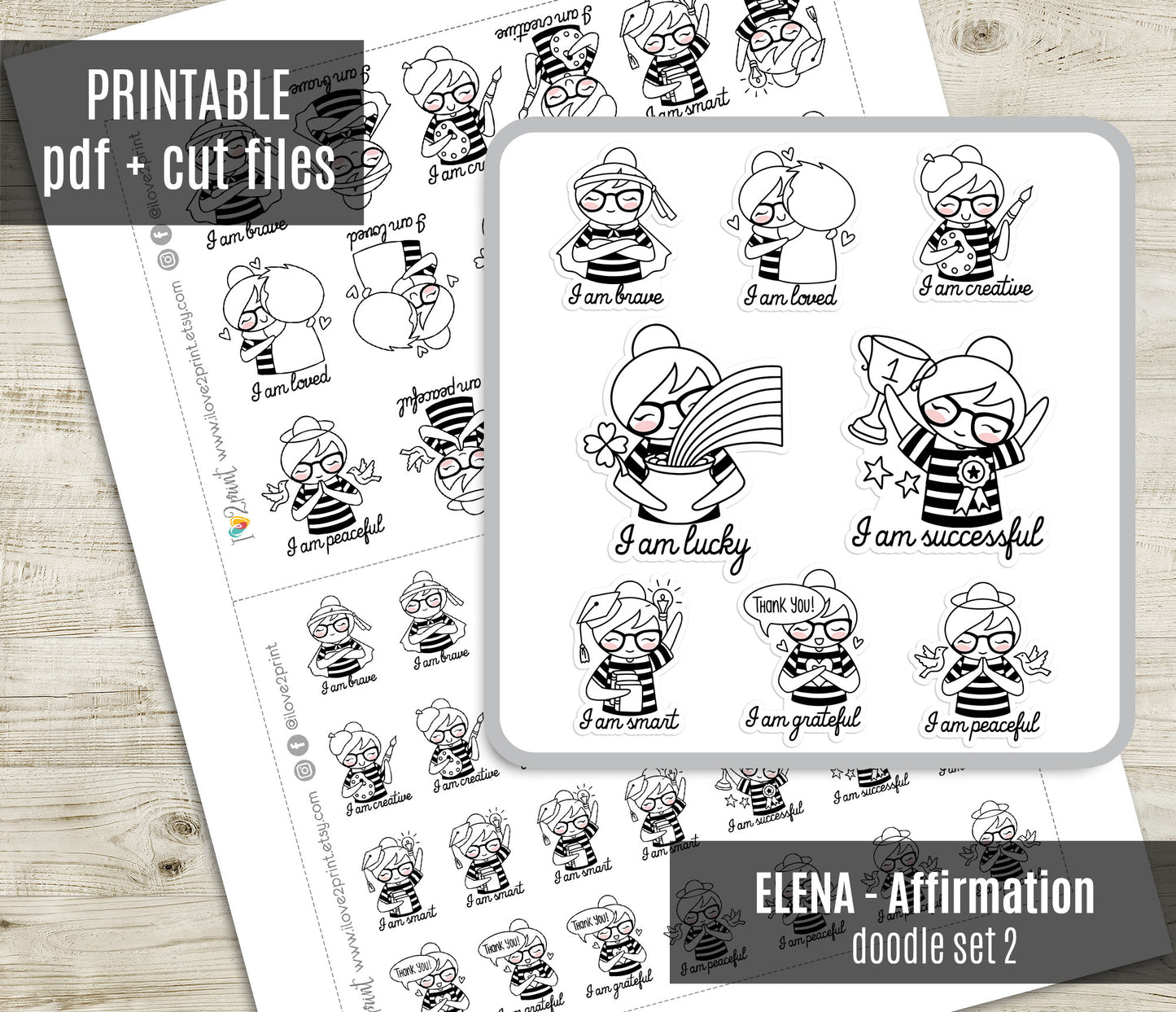 Elena Daily Affirmation Set2 - DOODLE Printable Planner Sticker - PDF & Cut Files