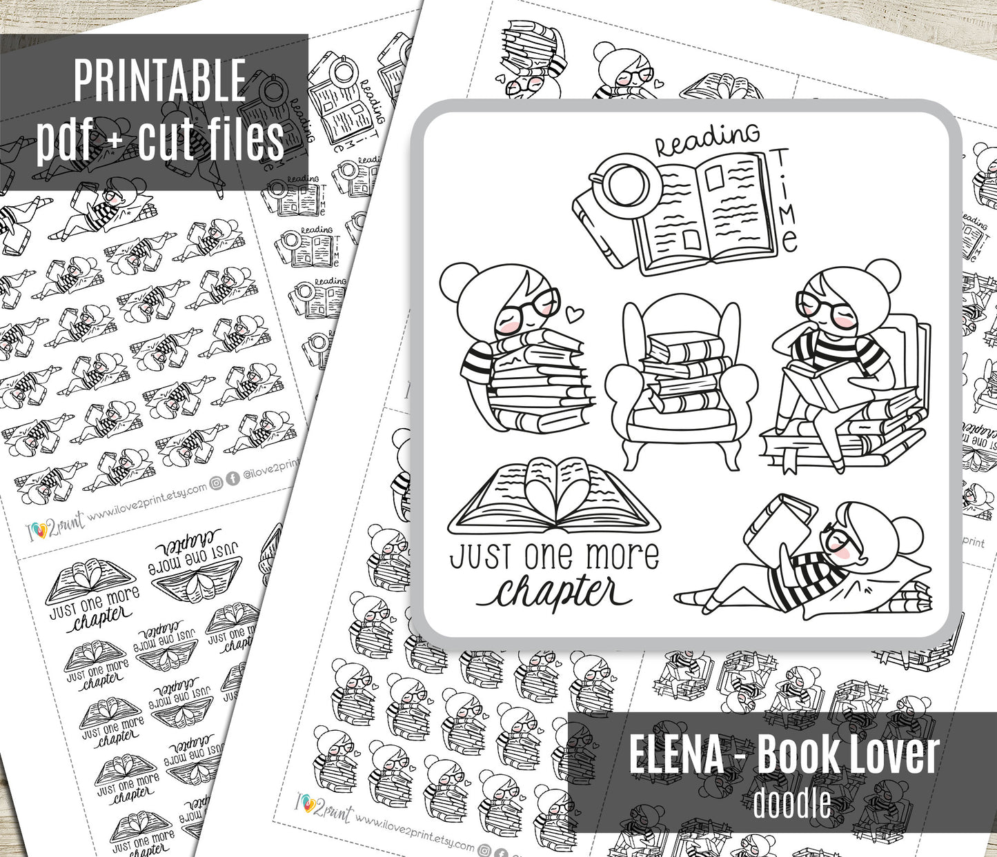 Elena Book Lover – DOODLE Printable Planner Sticker | Cozy Reading Sticker – PDF + Cut Files – Instant Download
