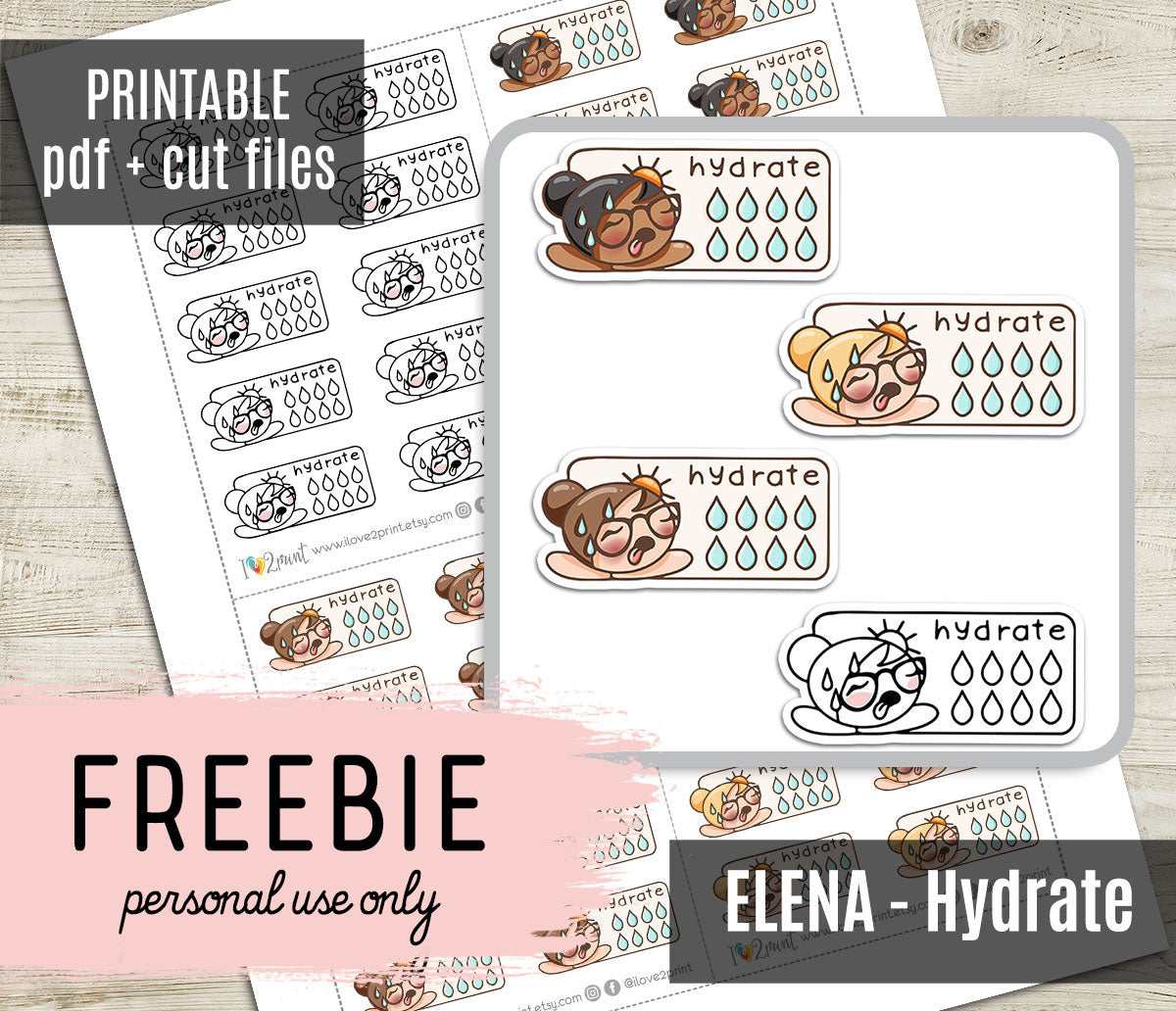 FREEBIE Elena Hydrate - Printable Planner Stickers - Pdf & Cut Files