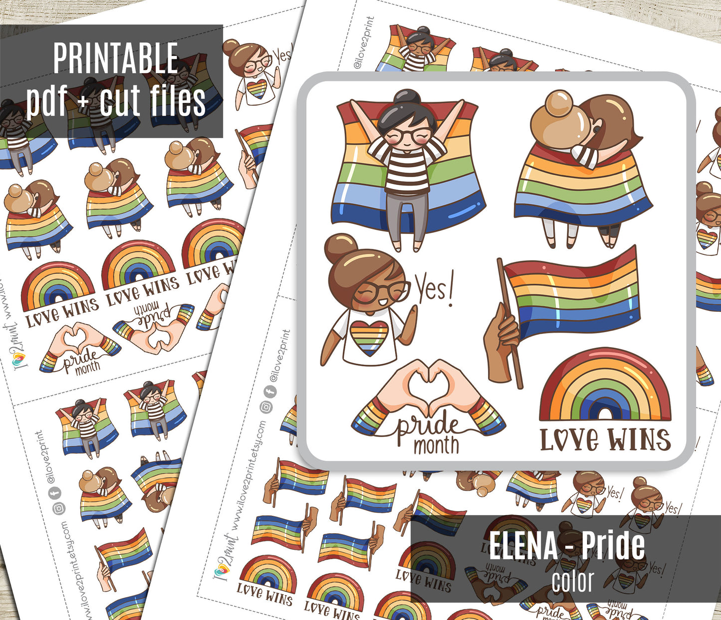 Elena Pride Month – Color Printable Planner Stickers – PDF + Cut Files – Instant Download