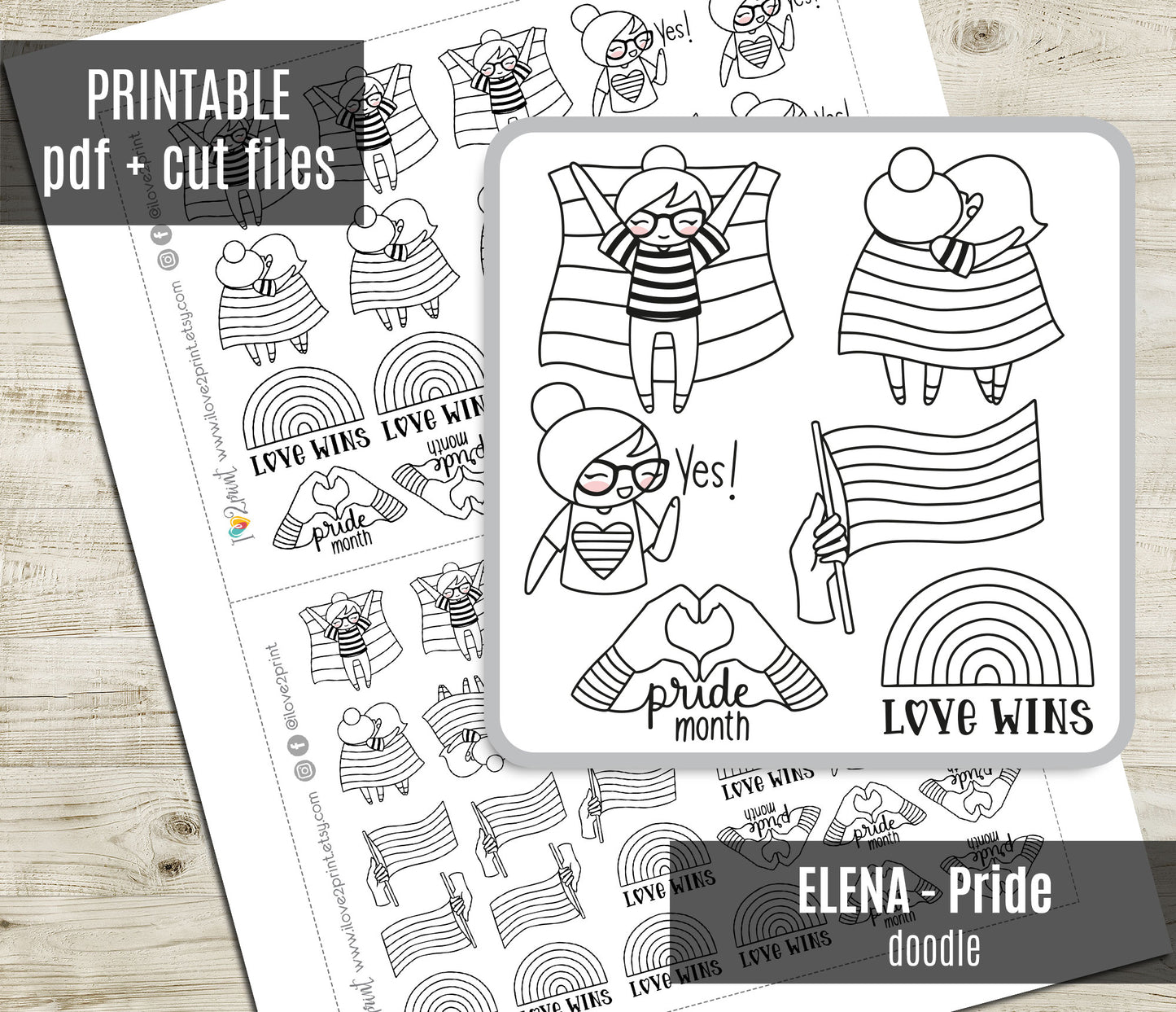 Elena Pride Month – Doodle Printable Planner Stickers – PDF + Cut Files – Instant Download