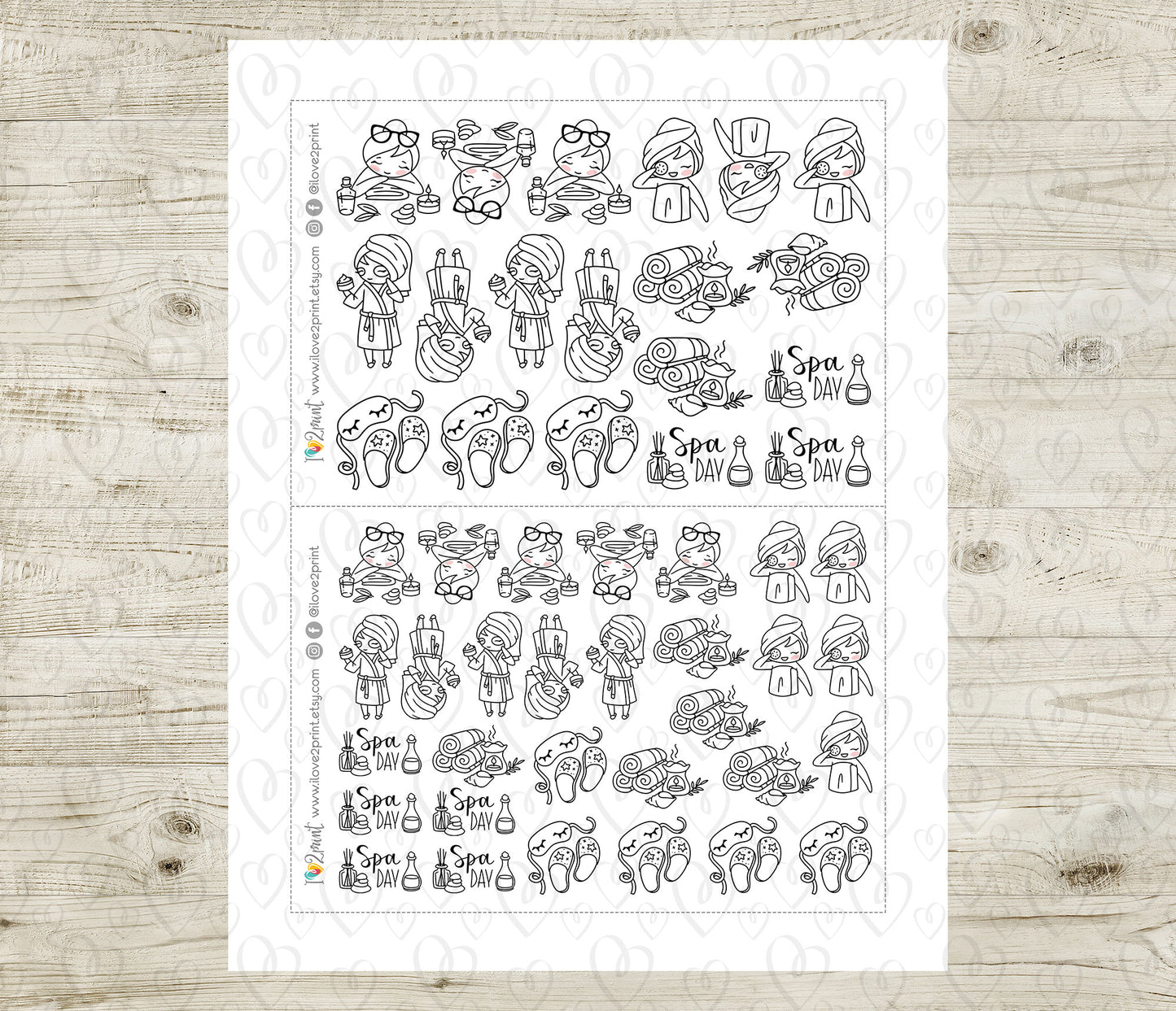 Elena Spa Day Doodle Printable Planner Stickers | Outline Relaxation | 2 Sizes | PDF Cut Files