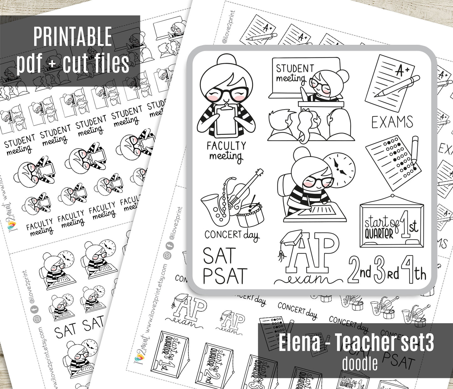 Elena Teachers Set 3 – DOODLE Printable Planner Stickers – Exams, Meetings & Events – PDF + Cut Files