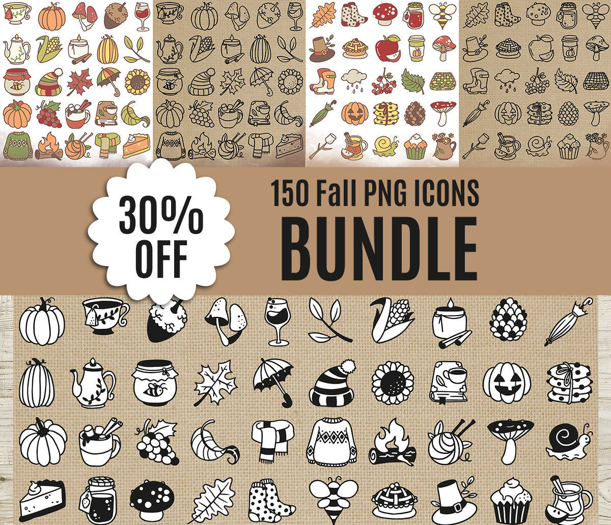 150 Fall Icons PNG Bundle – 50 Color, 50 Stamp, 50 Black & White – Digital Icons Clipart – Instant Download