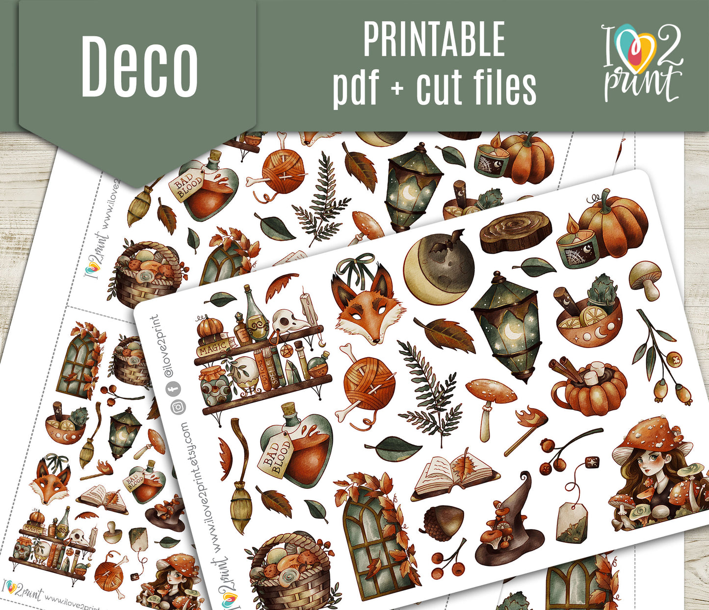 Fall Witch Decorative Stickers - Printable PDF & Cut Files
