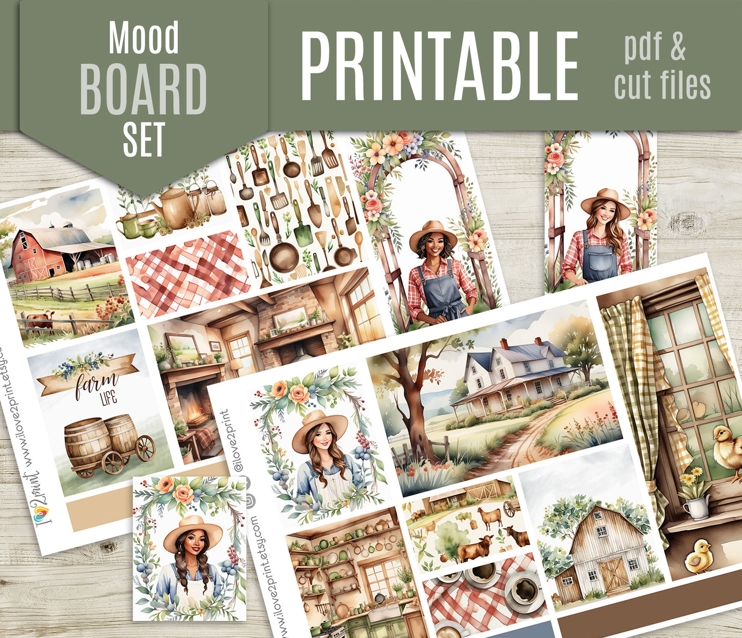 Farm Life Moodboard Stickers - 1,5"boxes Printable PDF & Cut Files