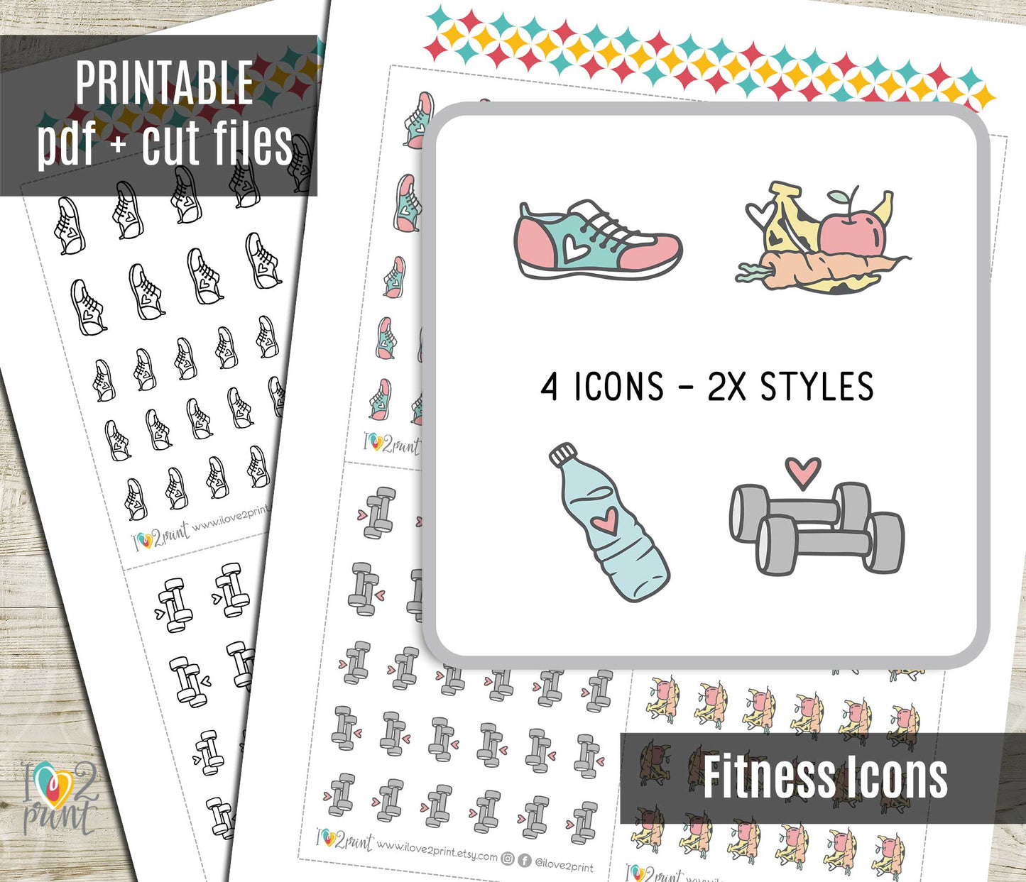 Fitness Icons Stickers – Printable (running shoes, water bottle, weights and fruits) - PDF & Cut Files