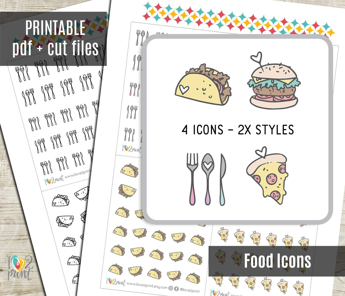 Printable Food Icons Stickers – Taco, Burger, Pizza & Cutlery – Instant Download PDF + Cut Files