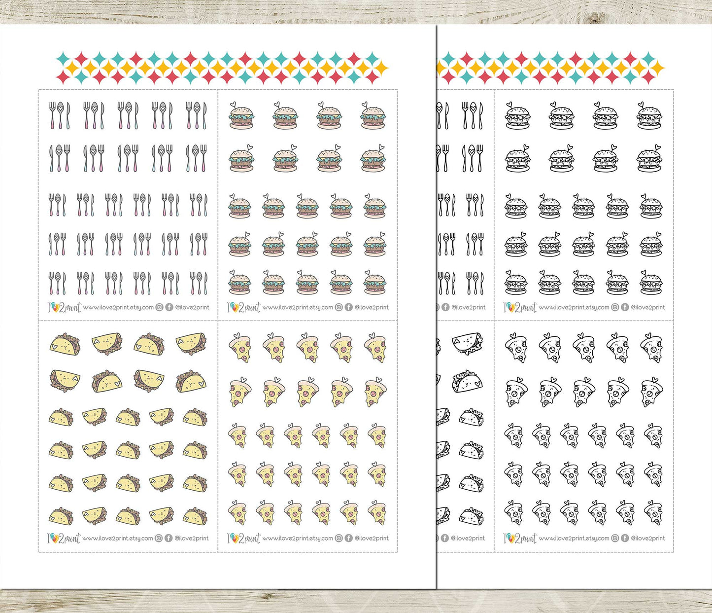 Printable Food Icons Stickers – Taco, Burger, Pizza & Cutlery – Instant Download PDF + Cut Files