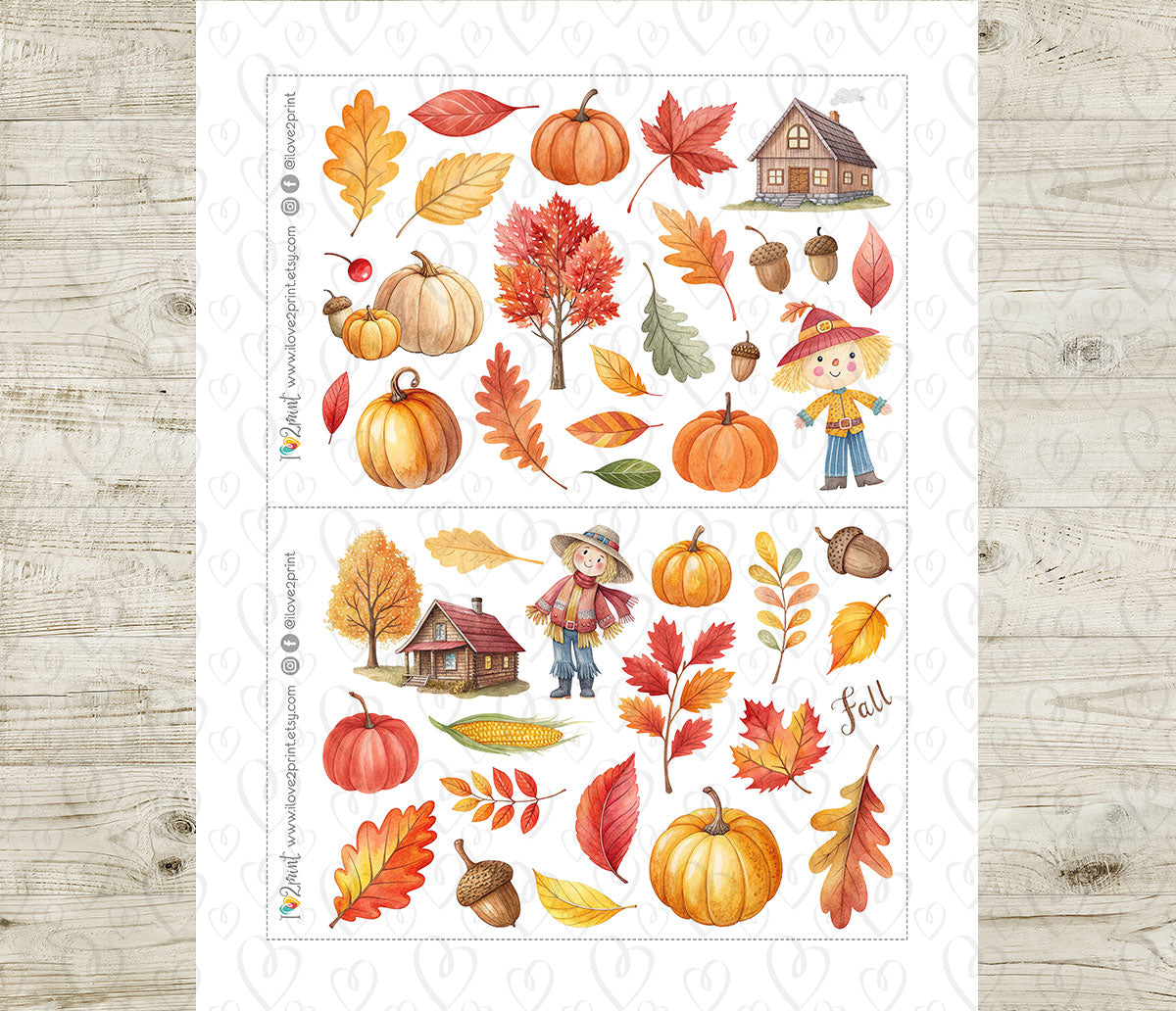 Golden Leaves – Printable Stickers – PDF & Cut Files – Fall Leaves, Scarecrow, Houses & Pumpkins