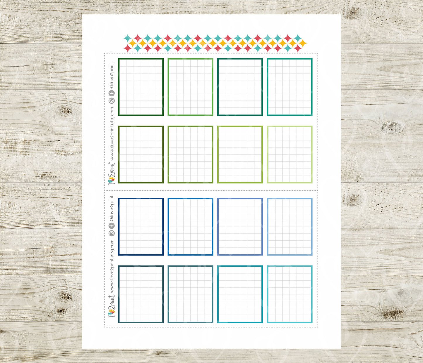 Printable Grid Colorful Full Box Planner Stickers - PDF & Cut Files