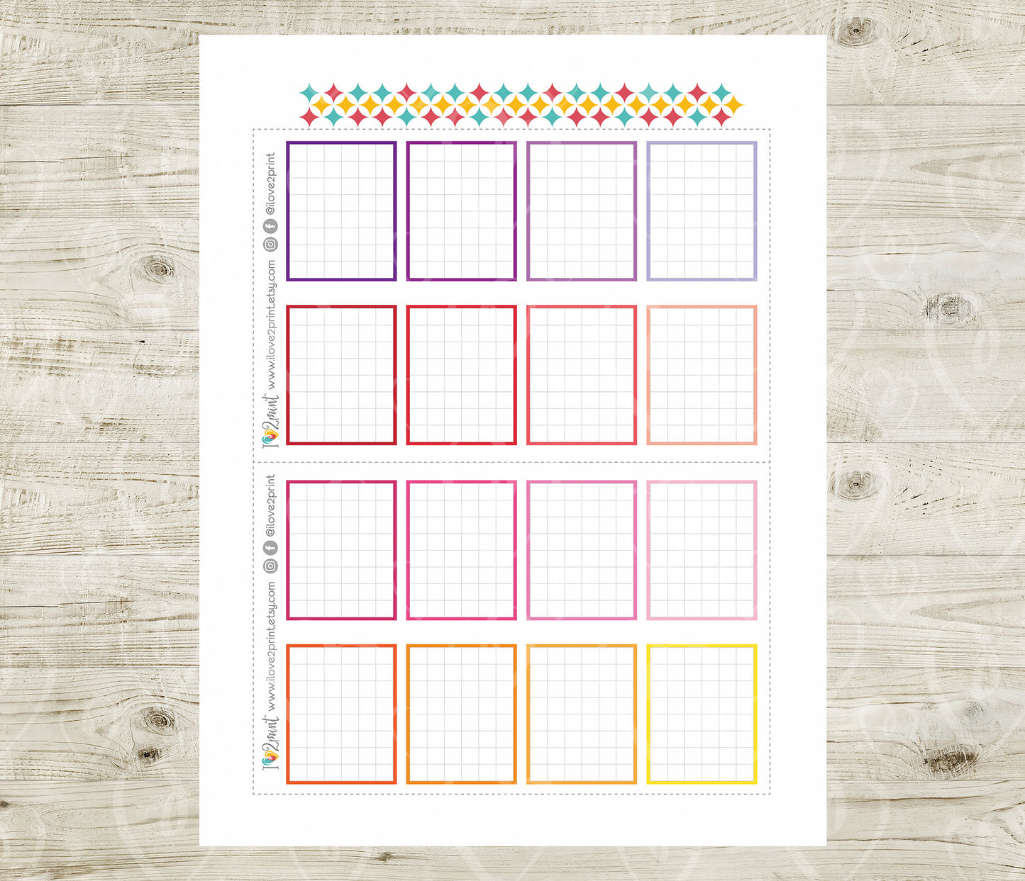 Printable Grid Colorful Full Box Planner Stickers - PDF & Cut Files
