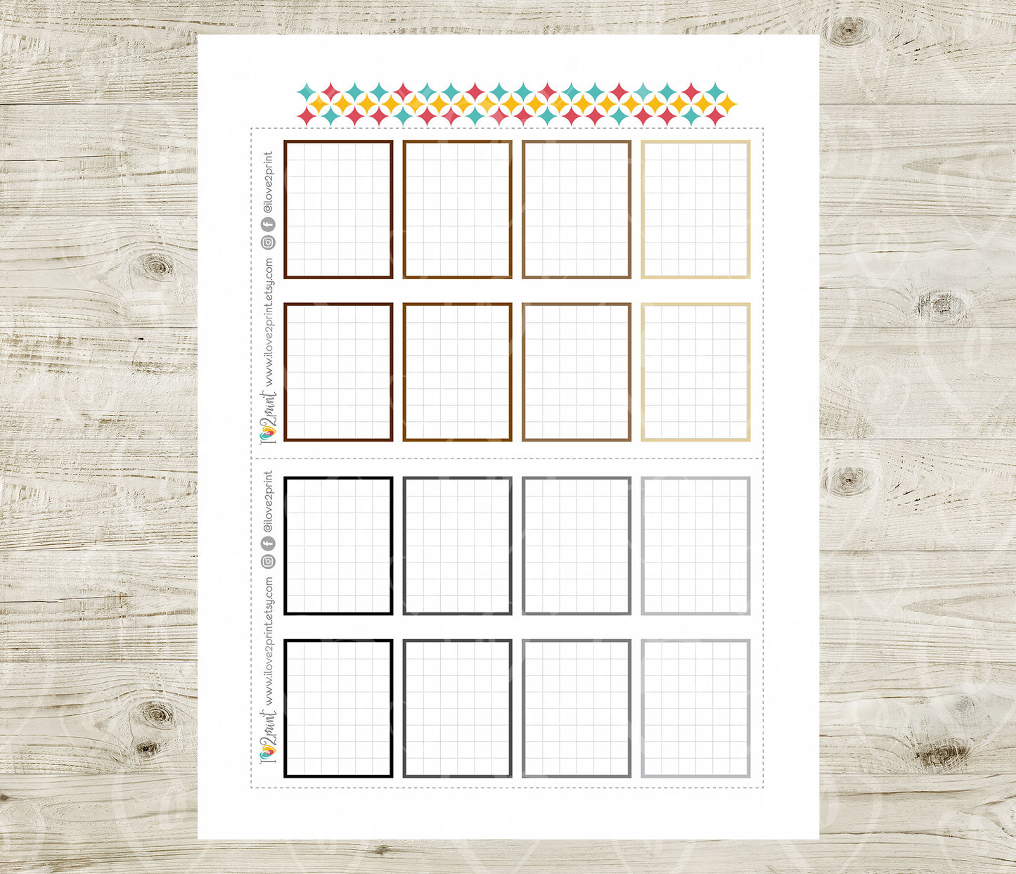 Printable Grid Colorful Full Box Planner Stickers - PDF & Cut Files