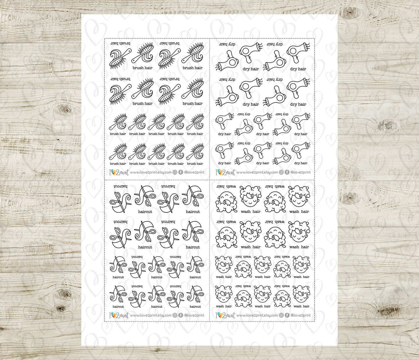 Children's Hair Care Icons Stickers – Printable (wash, dry, brush, and haircut) - PDF & Cut Files