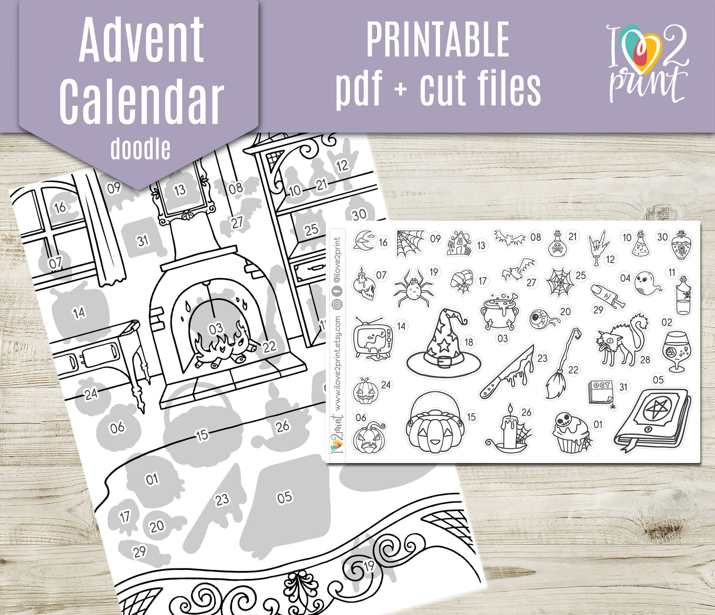 Halloween Advent Calendar Coloring Printable | Countdown Stickers | Instant Download PDF & Cut Files