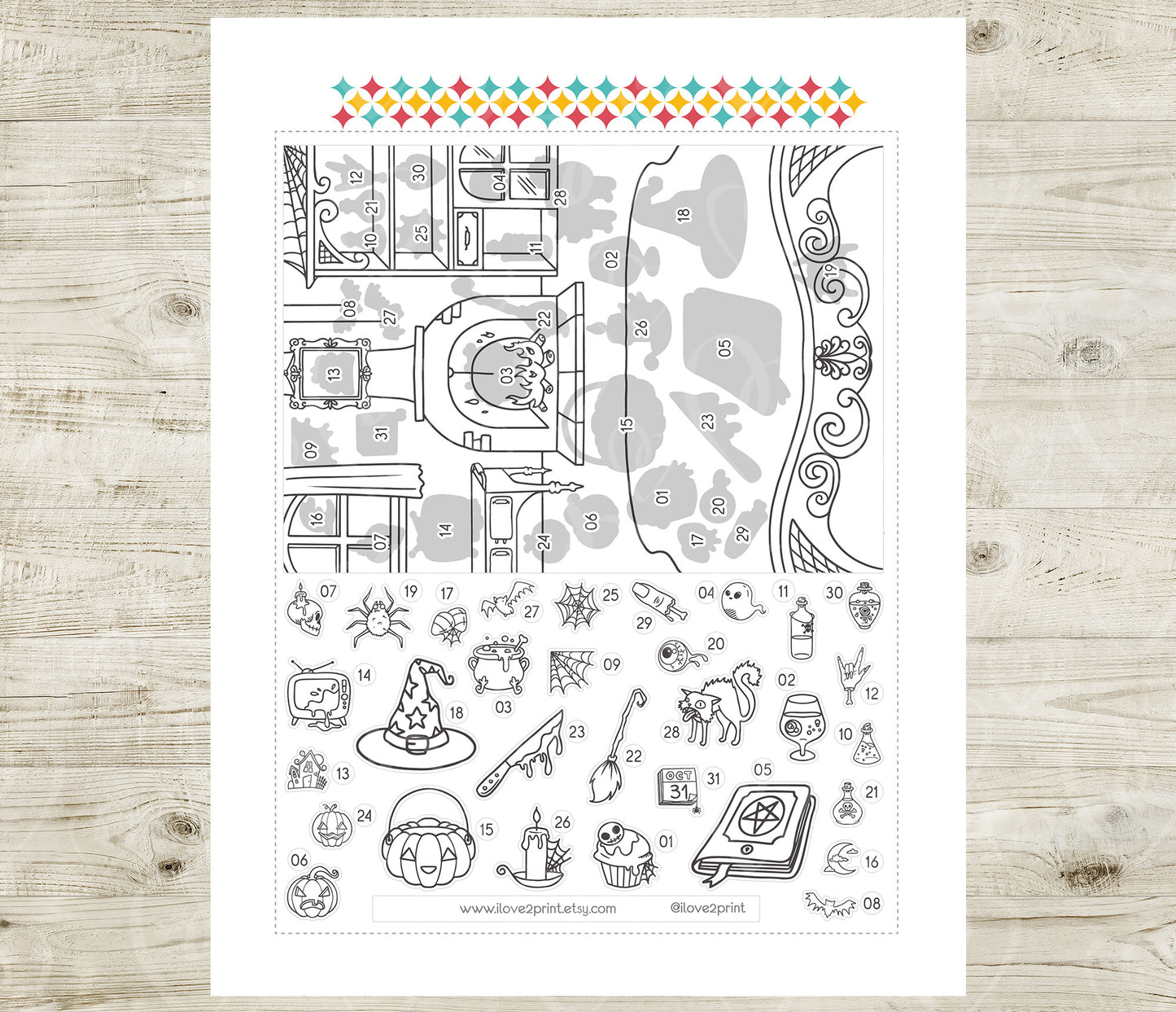Halloween Advent Calendar Coloring Printable | Countdown Stickers | Instant Download PDF & Cut Files