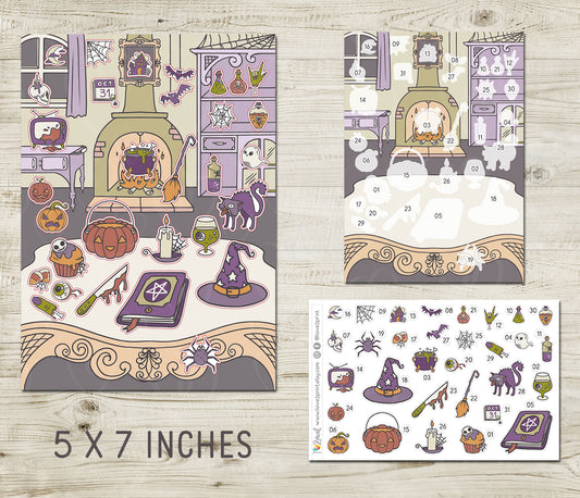 Halloween Advent Calendar Printable | Vintage Colors Countdown Stickers | Instant Download PDF & Cut Files