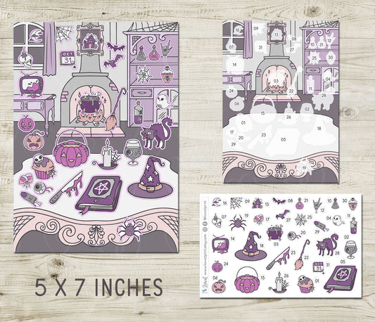 Halloween Advent Calendar Printable | Purple Colors Countdown Stickers | Instant Download PDF & Cut Files