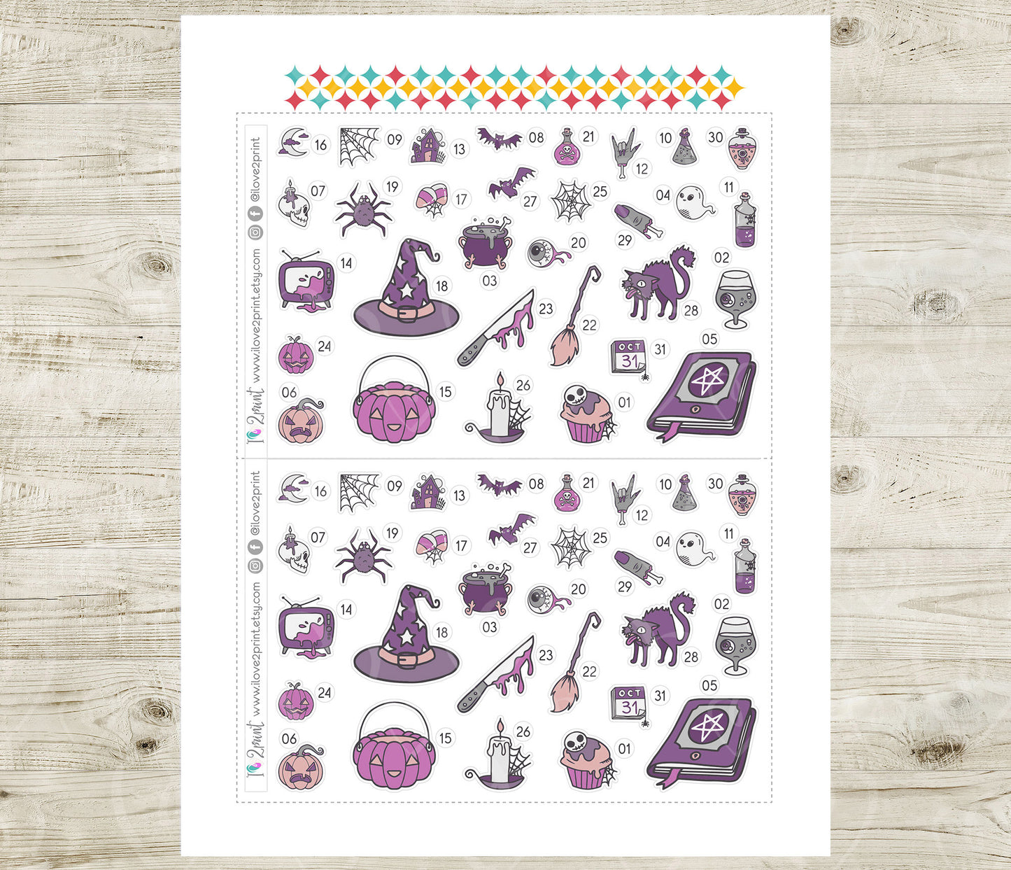 Halloween Advent Calendar Printable | Purple Colors Countdown Stickers | Instant Download PDF & Cut Files