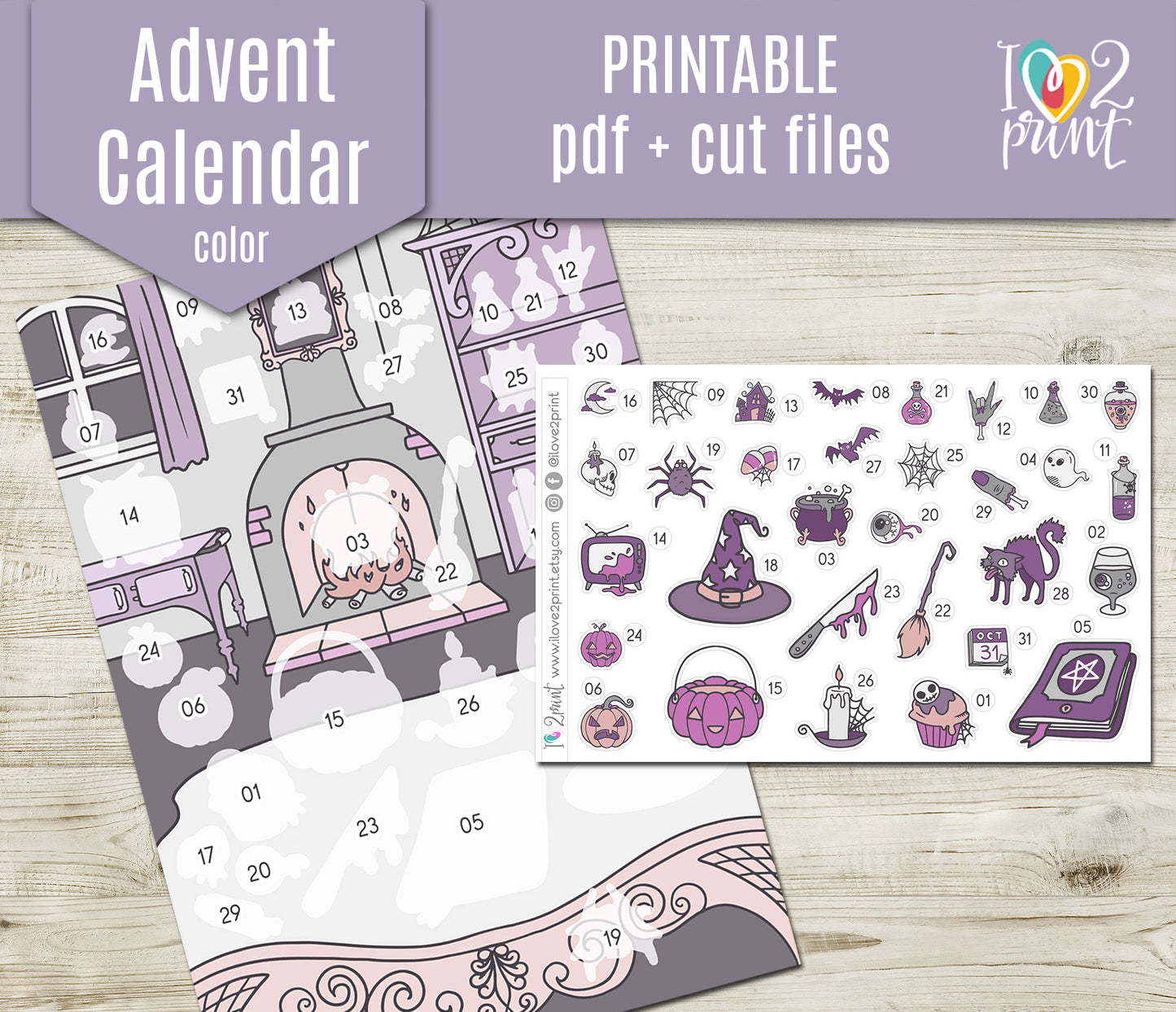 Halloween Advent Calendar Printable | Purple Colors Countdown Stickers | Instant Download PDF & Cut Files