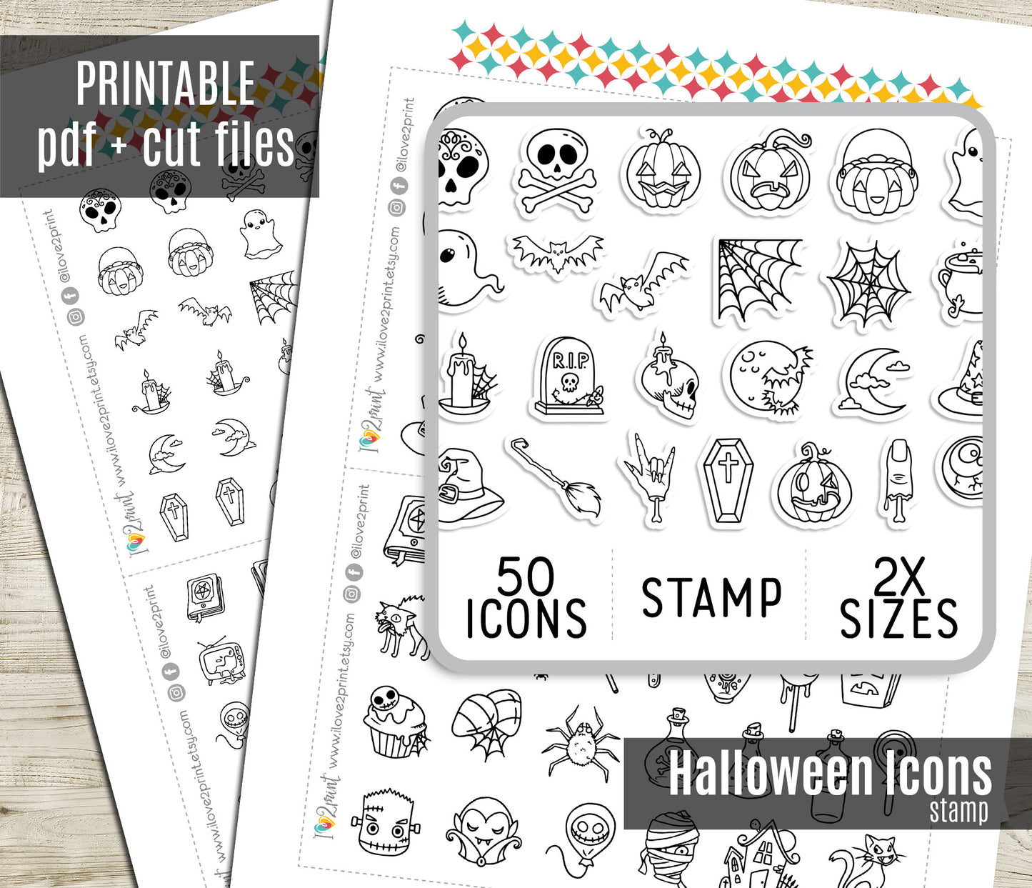 50 Halloween Stamp Icons | Printable Planner Stickers | Spooky Digital Stamps | PDF & Cut Files