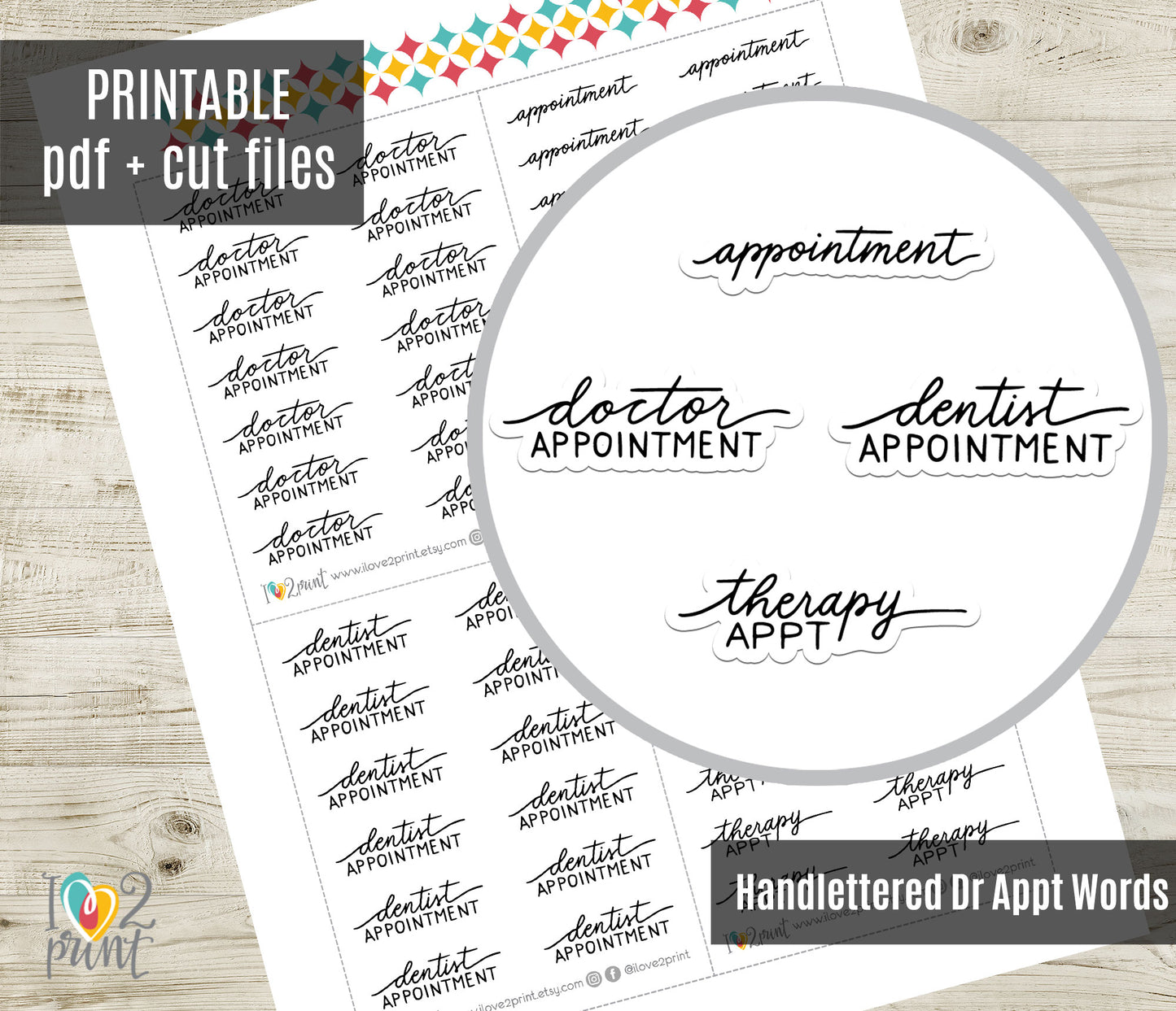 Doctor Appointment Handlettered Stickers - Printable Doctor, Dentist, Therapy Words - PDF & Cut Files