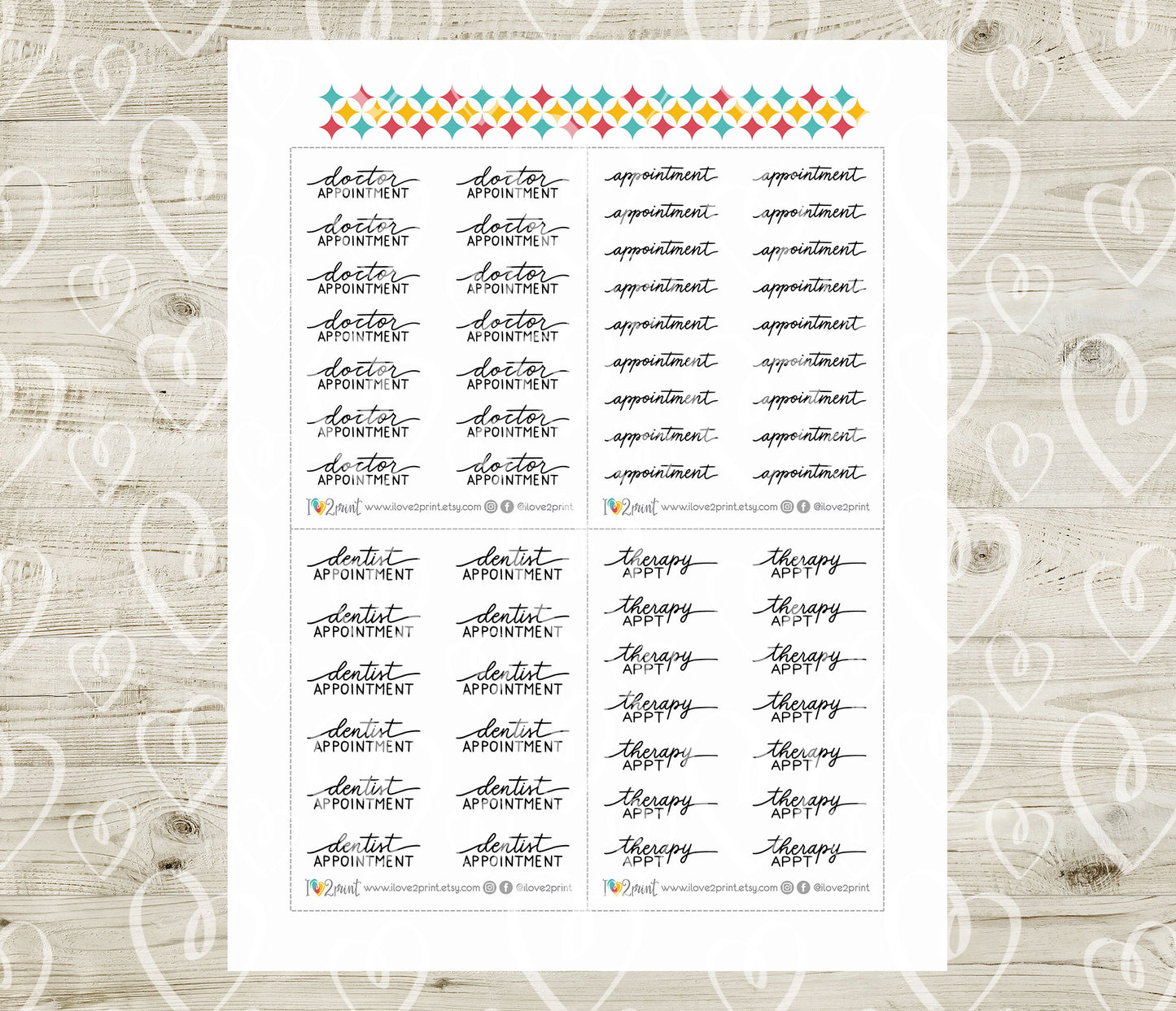 Doctor Appointment Handlettered Stickers - Printable Doctor, Dentist, Therapy Words - PDF & Cut Files